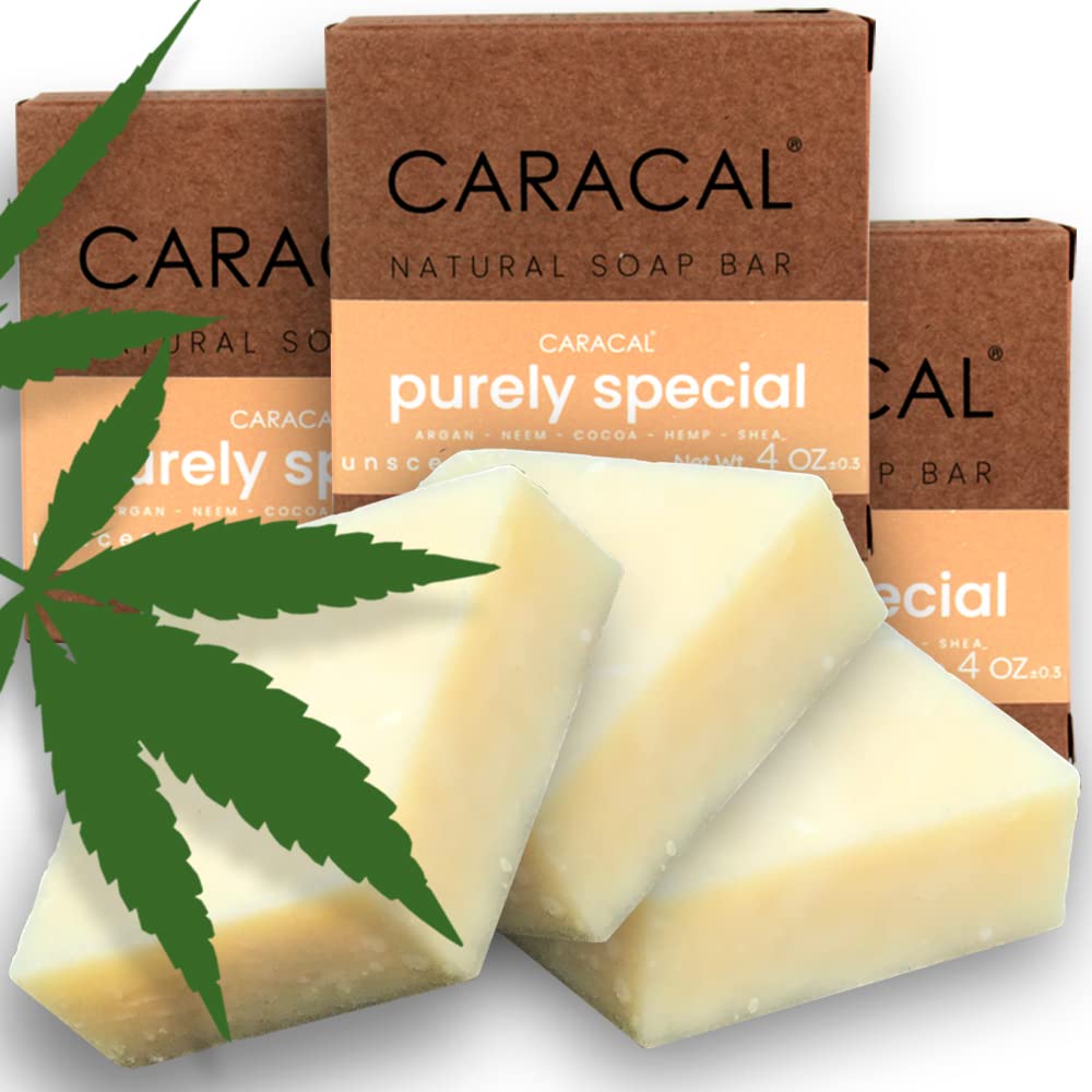 CARACAL Fragrance-Free Hemp Argan Neem Herbal Soap Bar (3-Pack) Purely Special – All Natural Olive, Castor Oils, Cocoa & Shea Butter
