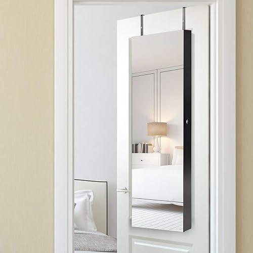 Miniatura 2 de Giantex Armario de joyería para puerta de pared con espejo de longitud completa, 2 LED con cerradura grande organizador de joyas con espejo ancho,