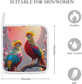 Beautiful Cuckoo Bird Pot Holders Set of 2, Washable & Durable Hot Pad with Hanging Loop, Heat Resistant Potholders for Kitchen, Dining Table, BBQ