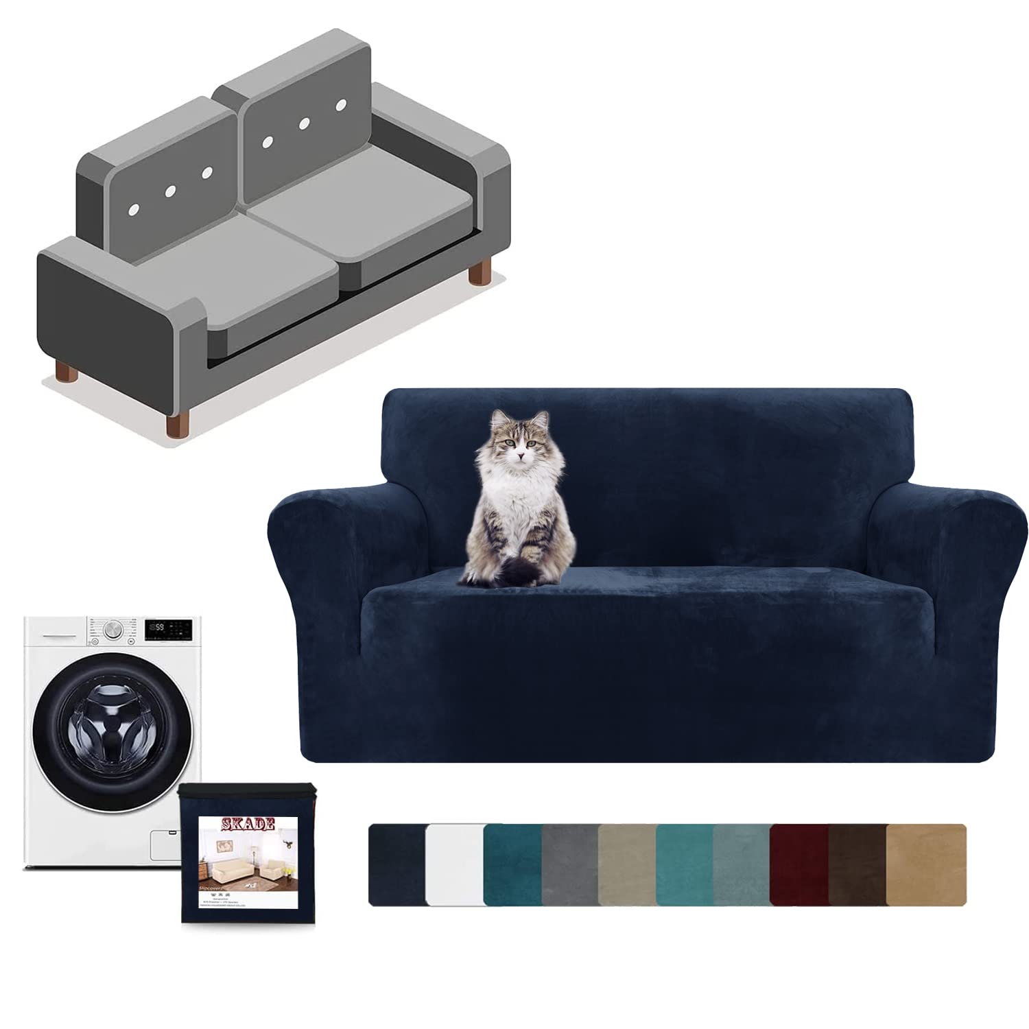 SkadeLuxury Thick Velvet Sofa Covers for Armchairs Super Stretch Non Slip Sofa Cover Dogs Cat Pet Living Room 1-Piece Elastic Couch Protector Sofa Slipcover with Arms (2 Seater,Navy)