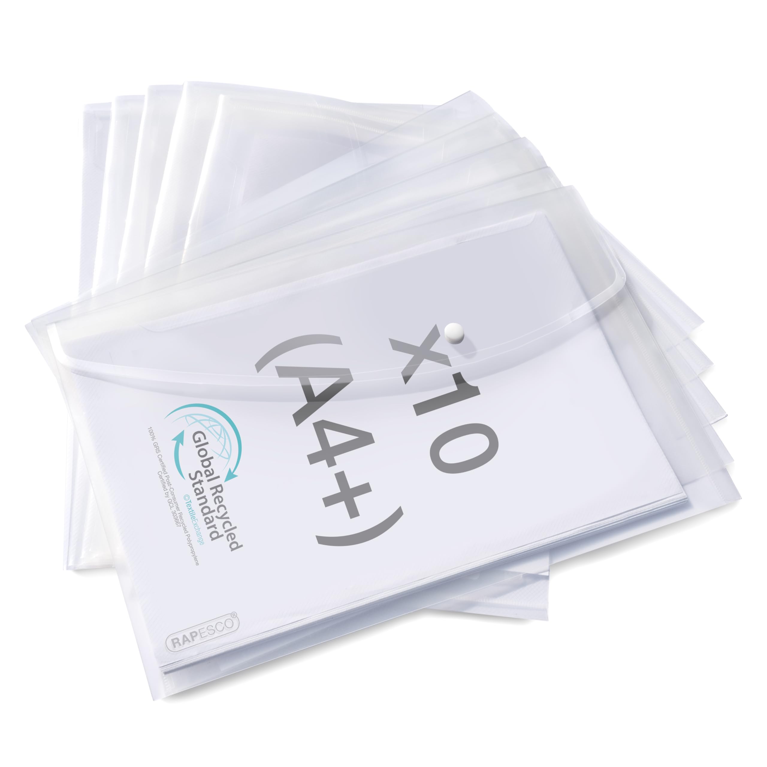 Rapesco 1816 ECO Recycled Popper Wallets, A4+, Clear Transparent, Pack of 10