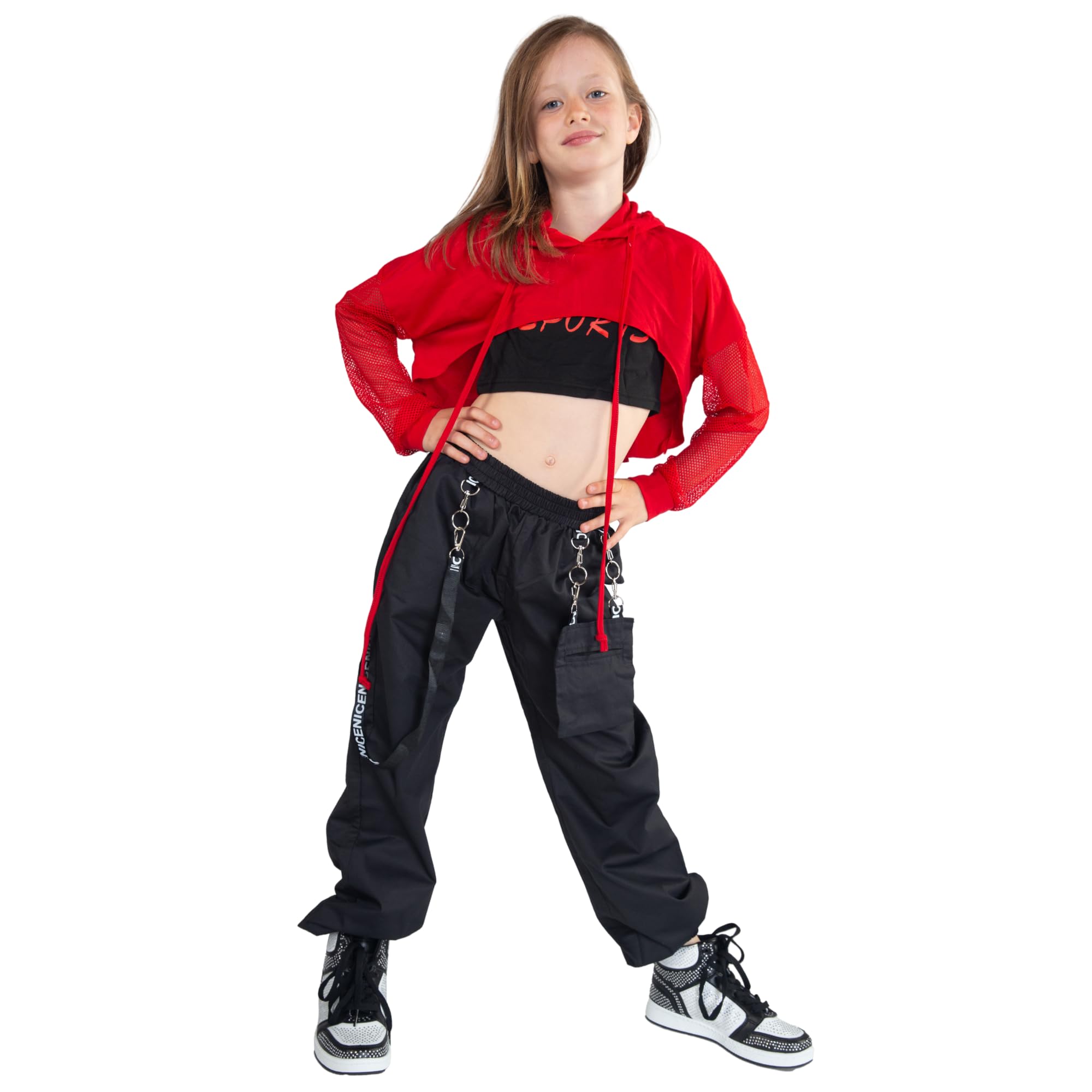 Barielle 10011 - Tuta hip hop a tre pezzi per bambini, con cappuccio e maniche a rete, crop top, pantaloni cargo con design a catena, senza pancia, tuta da danza, 134-176