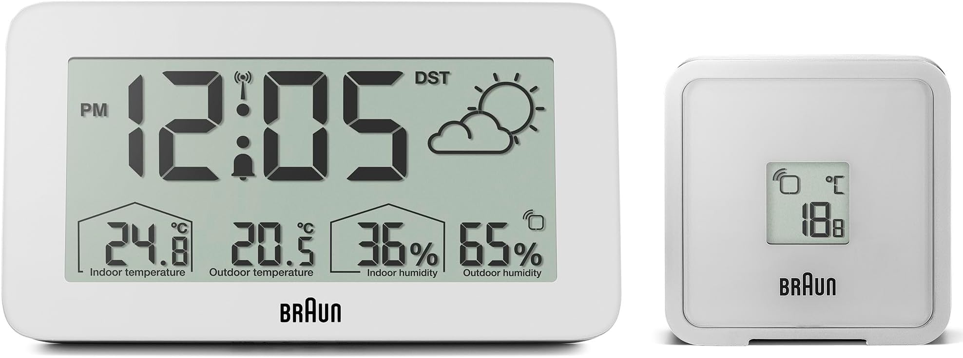 Braun Digital Radio Controlled Weather Station for Central European Time Zone (DCF) Clock with Temperature and Humidity Forecast, LCD display, Quick-set, Crescendo Beep Alarm, White, Model BC13WP-DCF.
