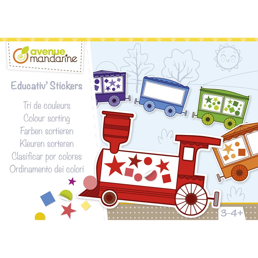 Avenue Mandarine - Ref KC102C - Educativ' Stickers Activity Box - Colour Sorting - Train Designs - 18 Sheets, 9 Designs, 16 Sheets of Geometric Stickers, Suitable for Ages 3-4+
