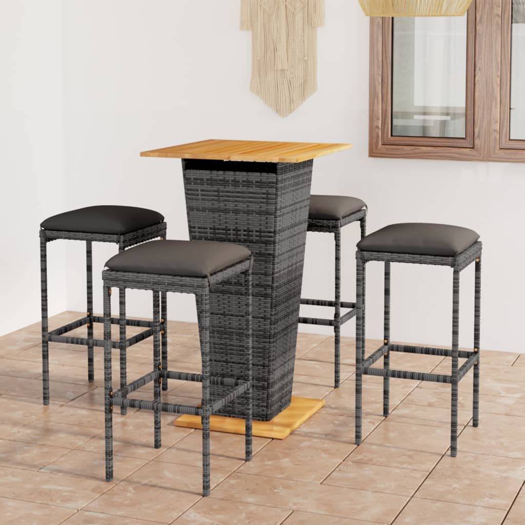 Juego de 5 barras de jardín de ratán gris, mesa de bar de 60 x 60 x 110 cm con tablero de madera de acacia y 4 taburetes de bar, 38 x 38 x 76 cm, incluye cojines para balcón, terraza y jardín