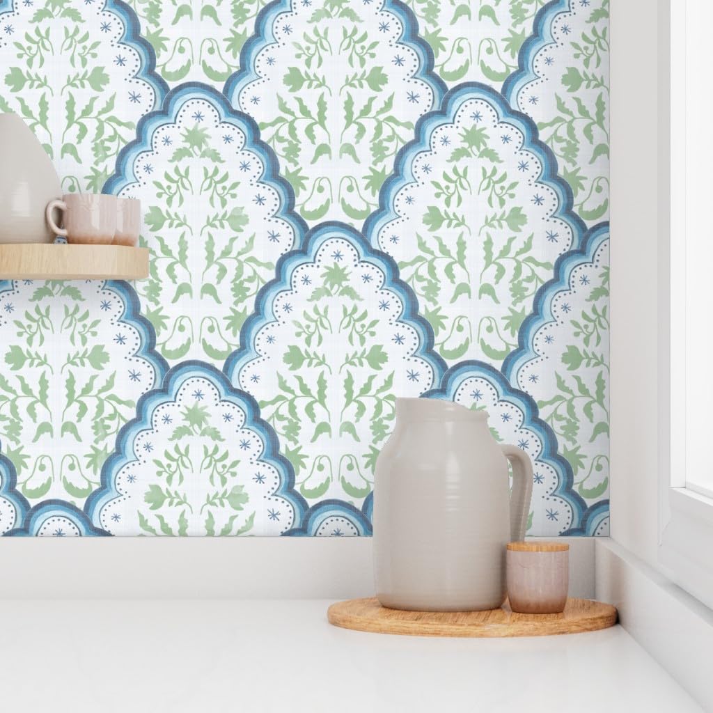 Removable Wallpaper Swatch - Scallop Botanical India Paisley Block Print Blue and Green French Country Custom Pre-Pasted Wallpaper by Spoonflower
