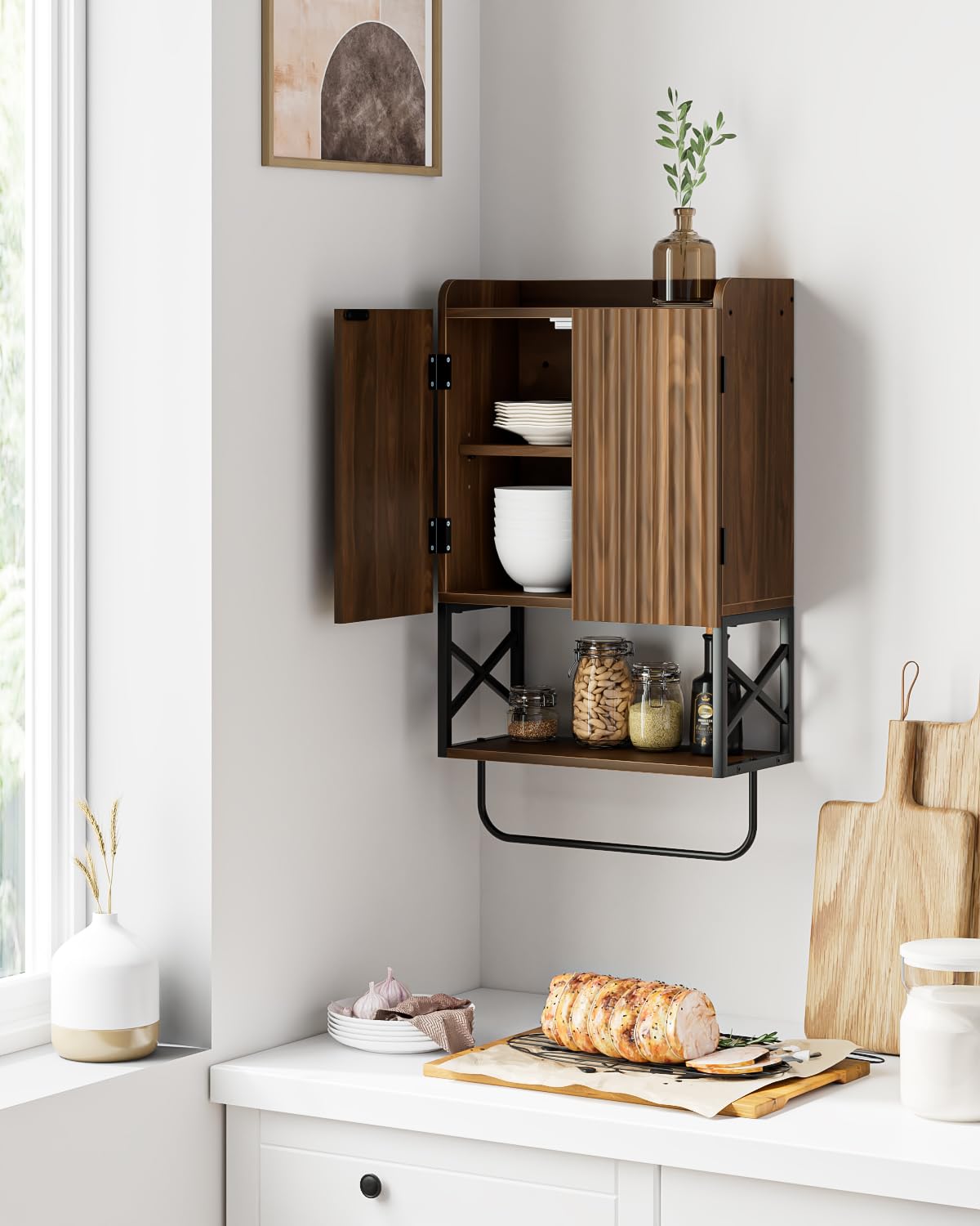 Masupu Bathroom Cabinet Wall Mounted, Wooden Medicine Cupboard with Adjustable Shelves, Space-Saving Wall Storage Unit for Bathroom, Kitchen and Living Room (9" D x 15.35" W x 27.16" H,Modern Walnut)