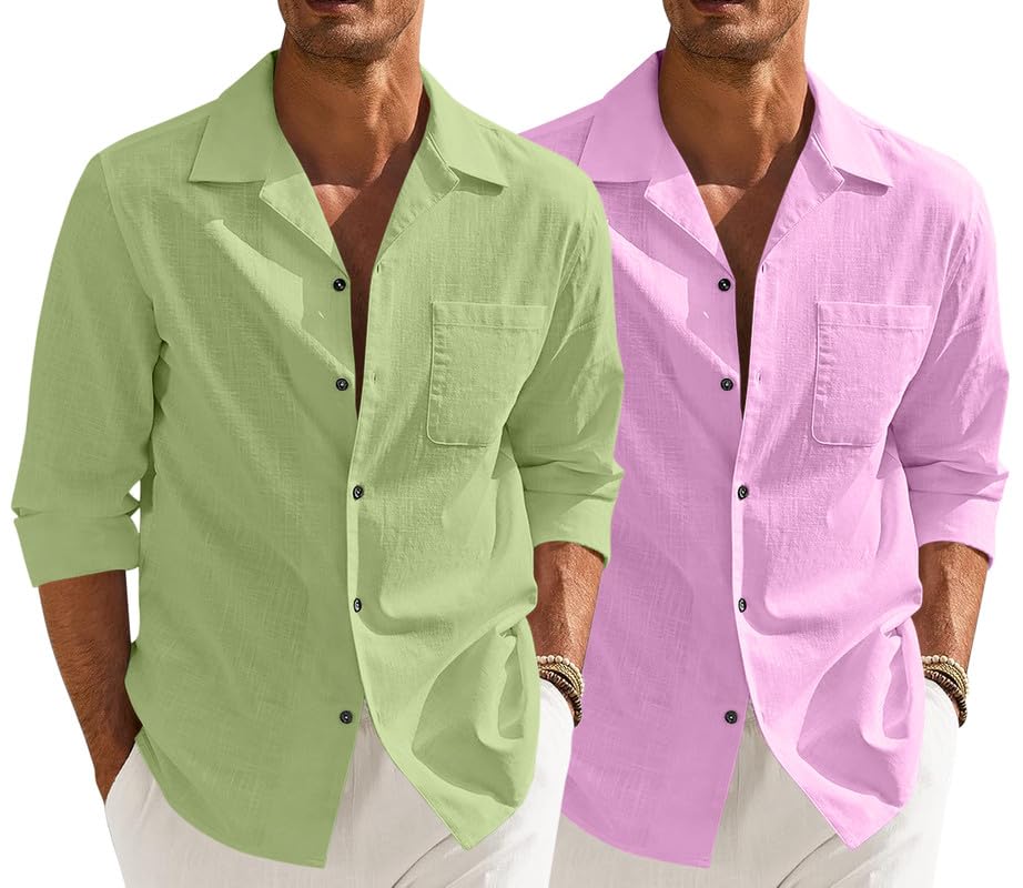 Image of Combo of Men's Casual Cotton Blend Shirt || Long Sleeve Button Down with Spread Collar | Lightweight Breathable Fabric | Stylish Solid Shirt for Beach, Office & Everyday Wear Pack of 2