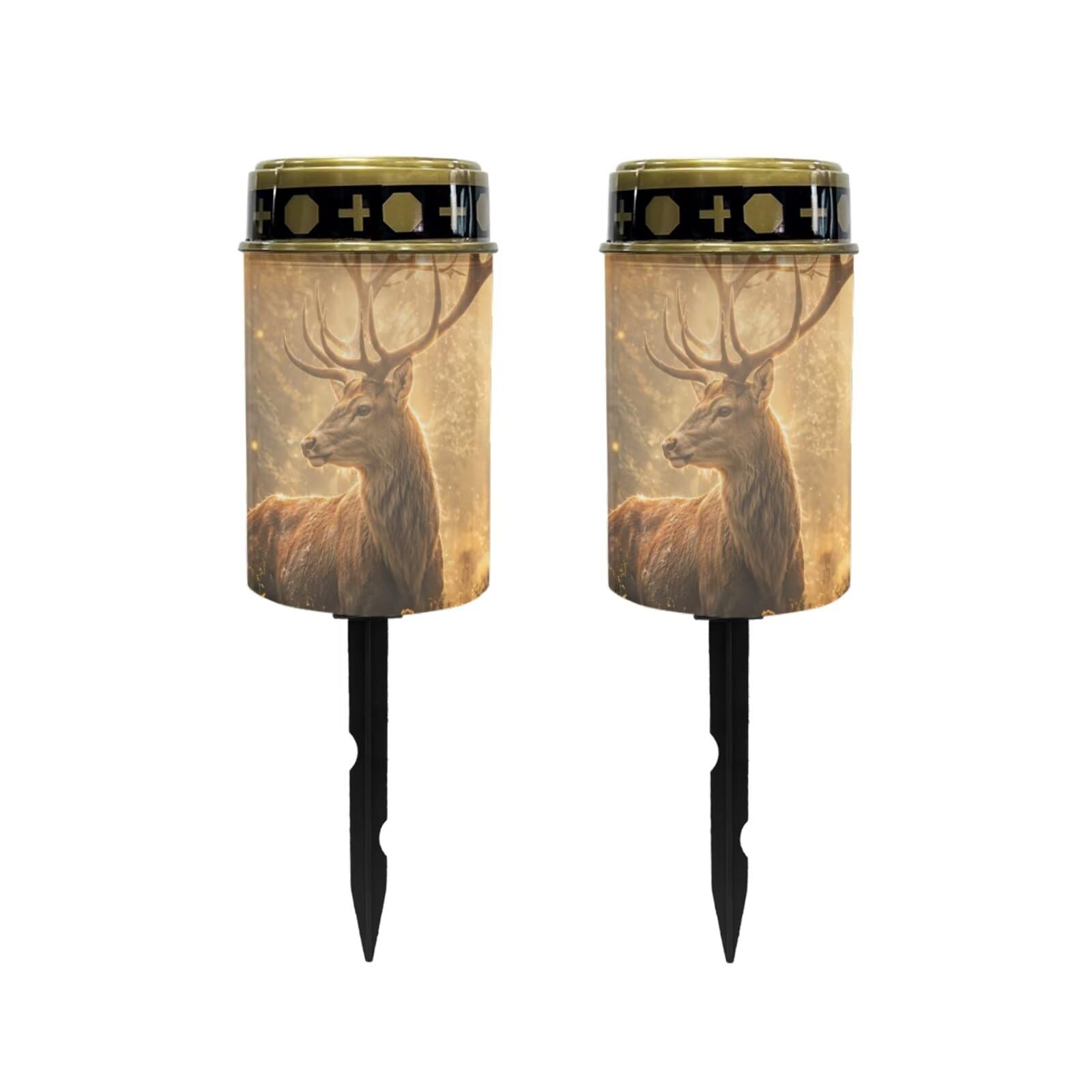 Poceacles Flameless Candle Solar Powered Grave Outdoor Lights Cemetery Candle Flameless Fake LED Pillar Lights Outdoor Waterproof Lawn Decoration, Deer Print, Pack of 2