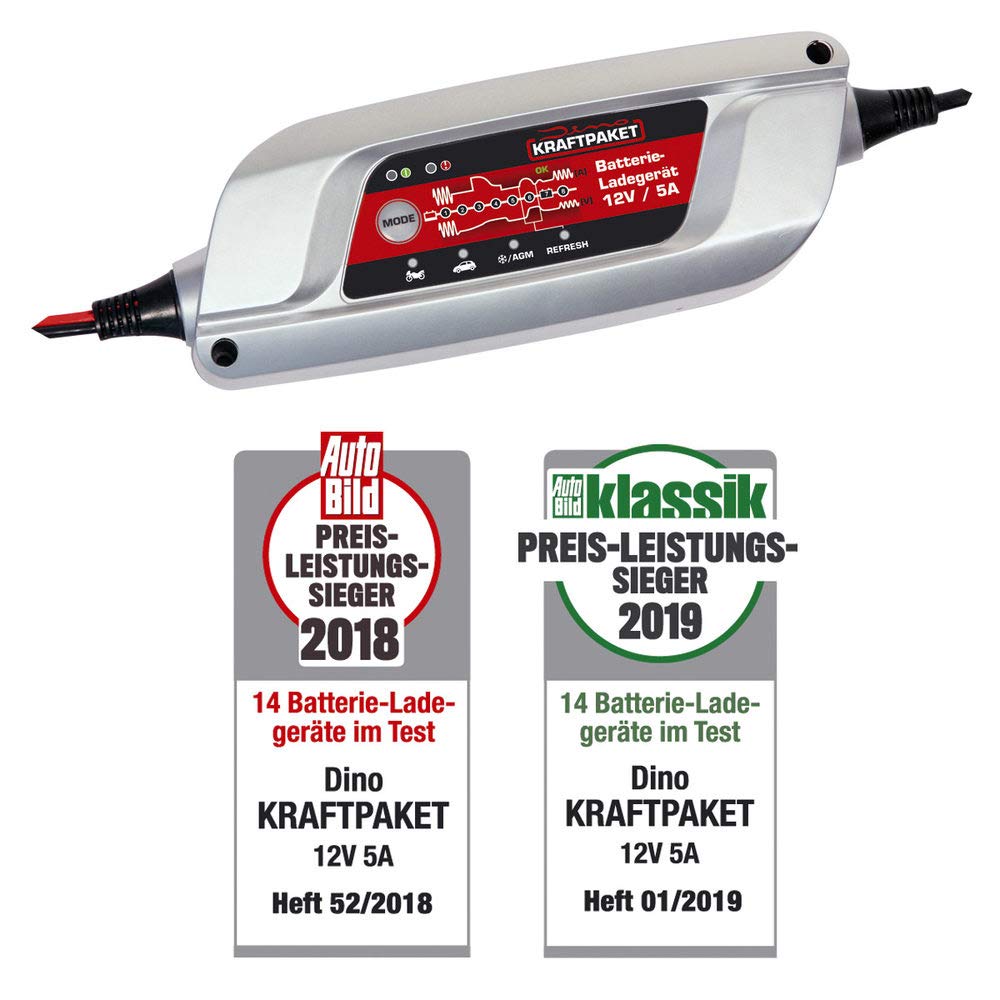 Dino KRAFTPAKET 5A-12V intelligentes und automatisches Batterieladegerät | Für Blei-Säure, GEL, Start/Stopp EFB, AGM-Batterie | KFZ-Ladegerät für Auto, Motorrad, Kleintransporter, PKW