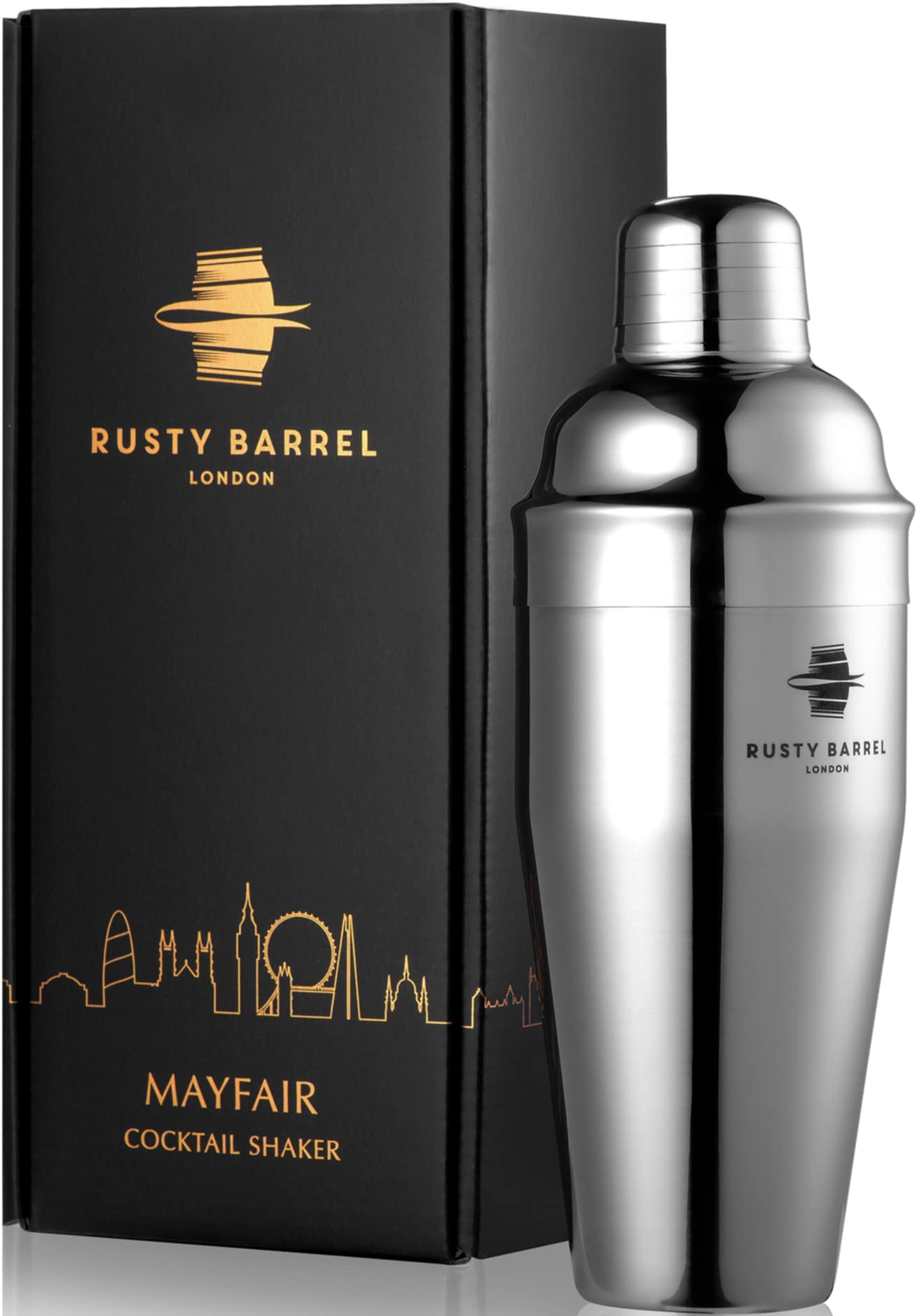 Rusty Barrel Mayfair Cocktail Shaker - Large 750ml Manhattan Style Stainless Steel Shaker With Built-in Strainer & Cocktail Recipe Booklet - Presented in a Gift Box | Beautiful Cocktail Gift Set