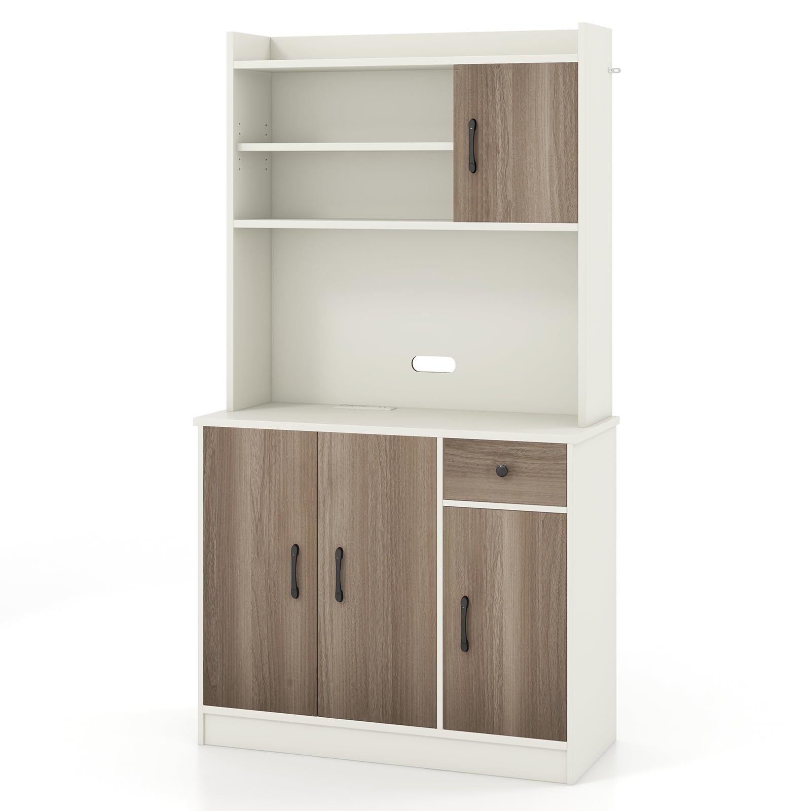 Soweiz Keukenkast met verstelbare planken & wijnrek, hoge kast keukenbuffet met 4 deuren & 2 laden, dressoir voor keuken & woonkamer, buffetkast, 120x40x188CM (Zwart