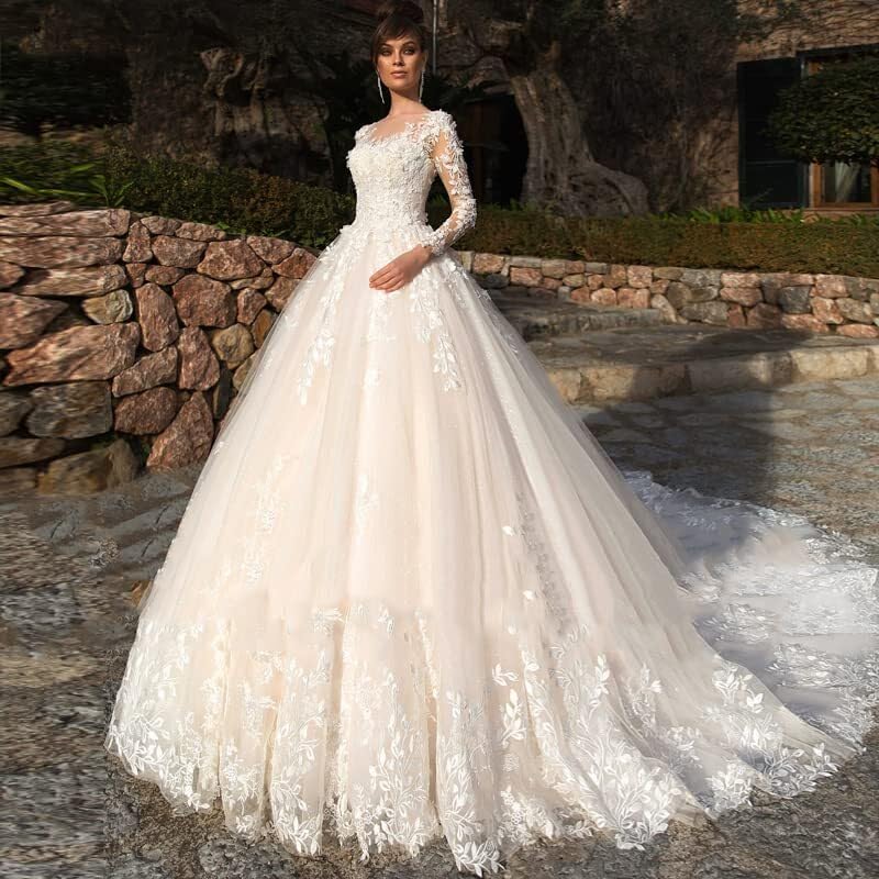 Women's Long Boho Beach Wedding Dresses for Wedding Lace Applique Tulle A Line Bridal Gowns with Sleeve HD9042