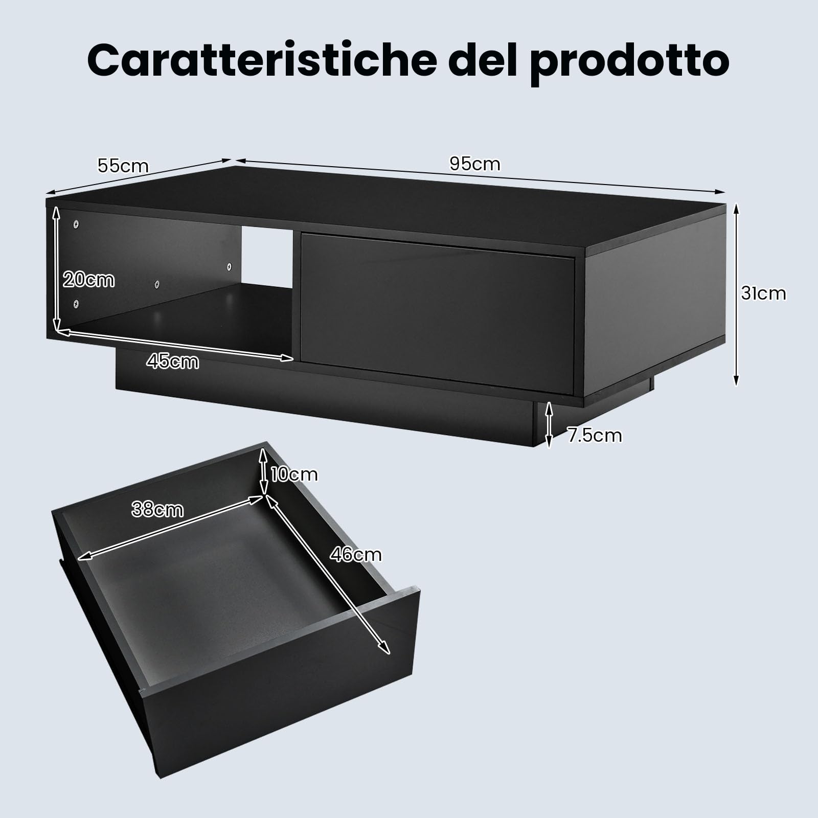 LIFEZEAL Tavolino da Salotto con Luci a LED, 1 Cassetto, 1 Scomparto, Colori, Luminosità Regolabili, Moderno, Basso, Remoto Controllo, Tavolino da Caffè, Soggiorno, Max 65kg, 95x55x31cm, Nero Lucido