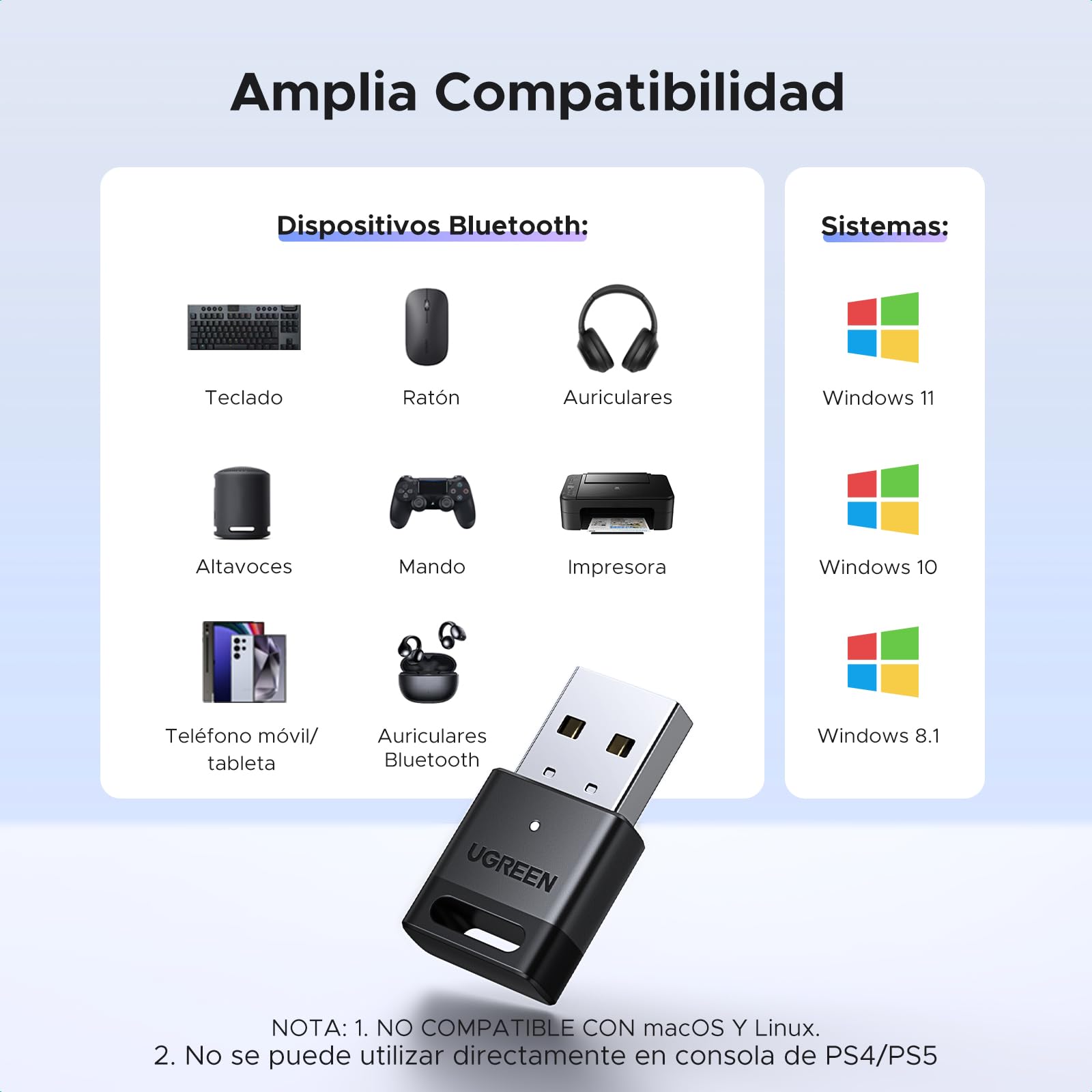 UGREEN USB Bluetooth 5.4 Adaptador para PC Adapter Dongle Solo Sirve para Windows 11/10/8.1 con Mando de PS5 PS4 Teclado Ratón Altavoces Auriculares