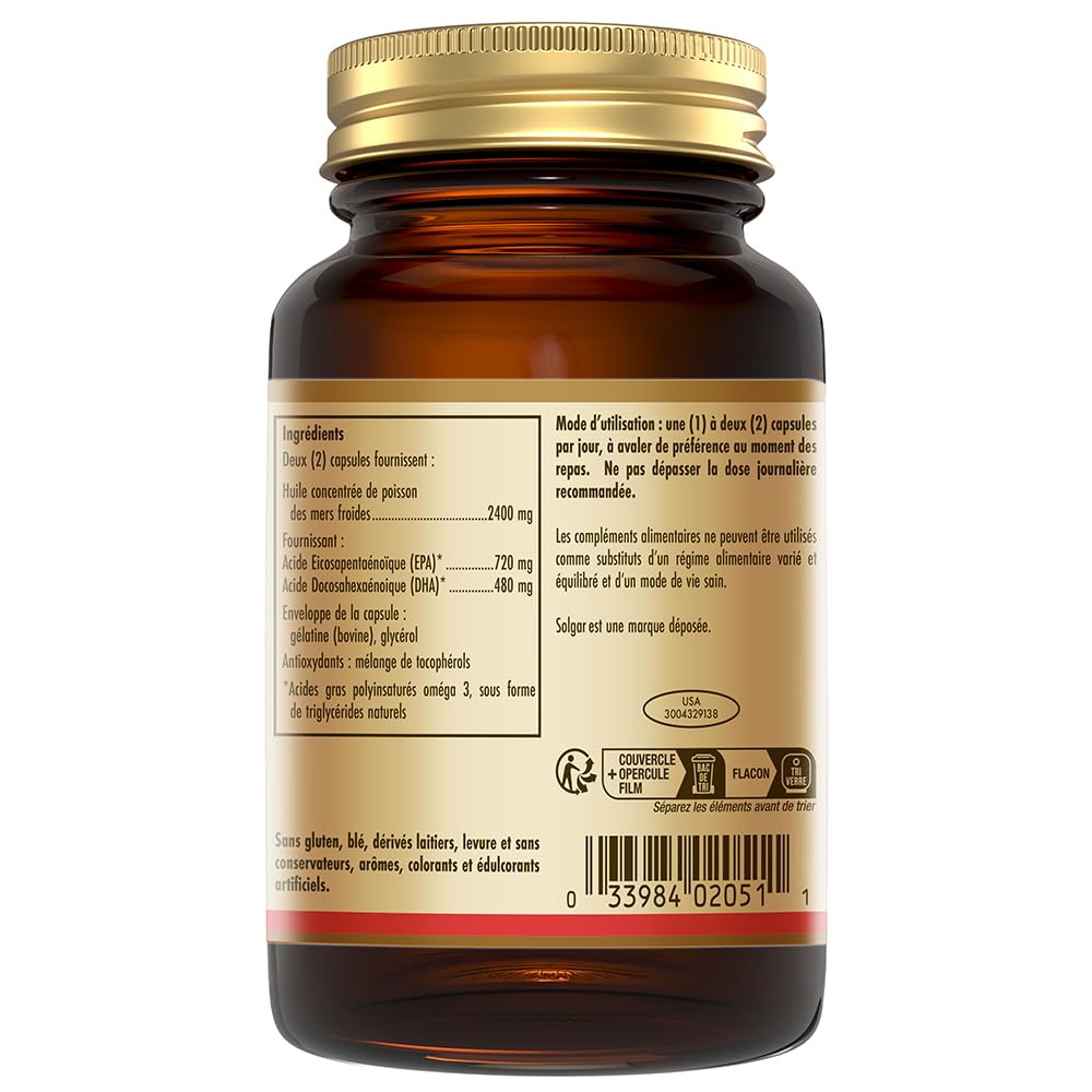 Solgar Omega 3 - EPA DHA - Cœur, Cerveau, Vision - Sans Gluten, 60 Capsules