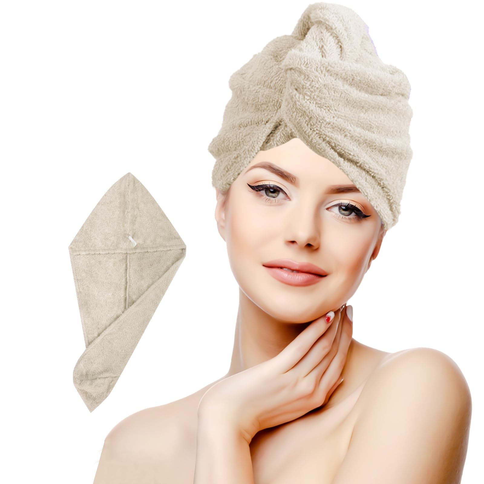 Toalla Turbante única para cabello rizado | 100% algodón | Fabricado en Italia | Secado rápido | Protección superior para el cabello | Apto para todas las longitudes y tipos de cabello | Suave| Beige…
