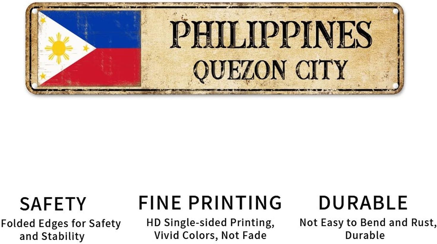 Personalized Quezon City Street Sign Philippines Flag Signs Capital Country City Souvenir Aluminum Metal Sign Vintage Indoor & Outdoor Decor for Home Man Cave Door Porch Garden Party 24x6in