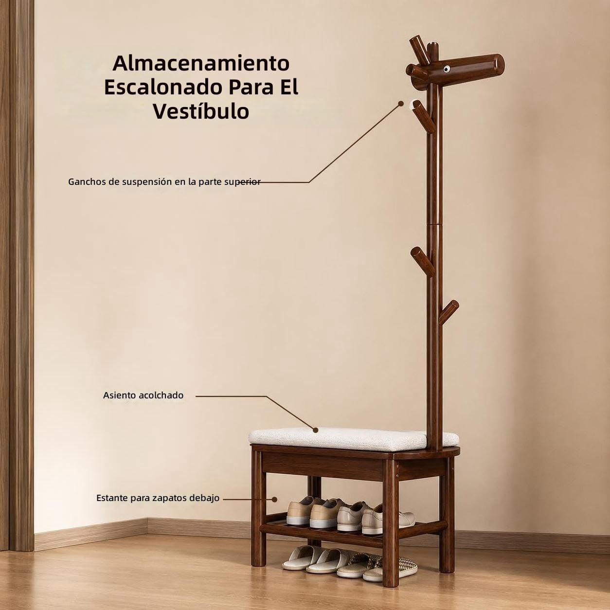 Árbol de Entrada de Madera Maciza con Perchero y Banco de Almacenamiento de Zapatos, Banco de Armario de Entrada para Sentarse y almacenar (Nogal, 70 cm)