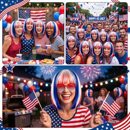 Image of PLULON Red White Blue Bob Wig with Heart Sunglasses for Women, Colored Short Bob Hair Fun Synthetic Hair with Wig Cap 4th of July Costume Hairpieces Independence Day Outfit for Cosplay Halloween Party