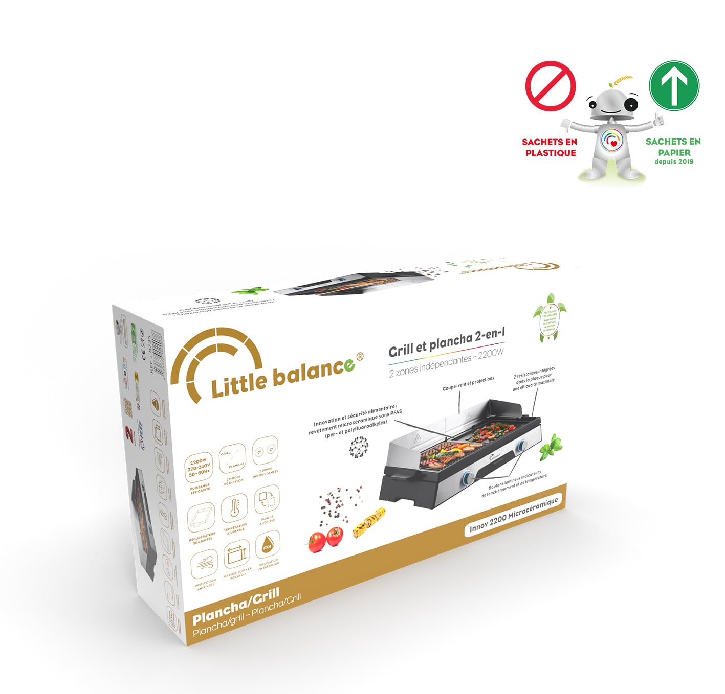 Plancha électrique - LITTLE BALANCE - 8735 - Innov 2200 - Microcéramique sans PFAS, Noir/Inox