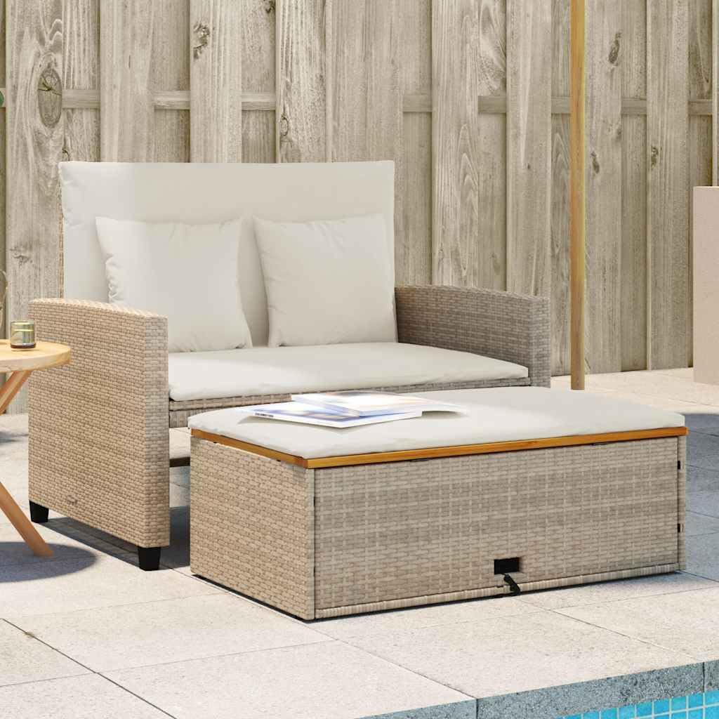 Divano da Giardino 2 Posti Reclinabile in Polyrattan Beige | Ideale per giardino, terrazzo o balcone: divano 2 posti reclinabile trasformabile in lettino con poggiapiedi salvaspazio.