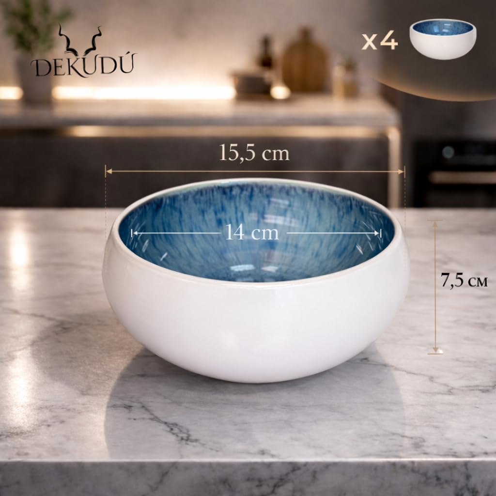 Cuencos Sopa Bol Ramen Cuencos aperitivos Bowl Ceramica Tazones Desayuno Platos Vajilla Gres de Calidad - Fabricados a Mano - 4 Piezas 15,5cm -Gran Dureza Aptos Lavavajillas Microondas, Color Blanco