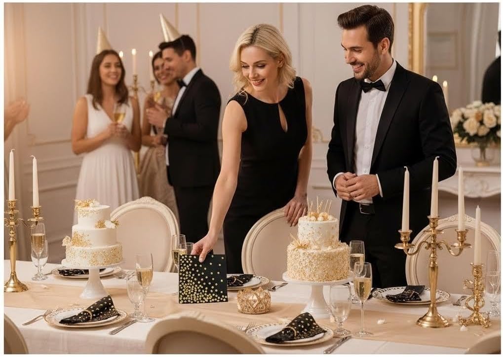 50 Pack Gold Cocktail Napkins, 3-Ply Party Paper Napkins, 5 x 5 Inches Bar Napkin Disaposable for Weddings, Birthdays, Baby Showers, Anniversaries, and Cocktail Parties (Black)