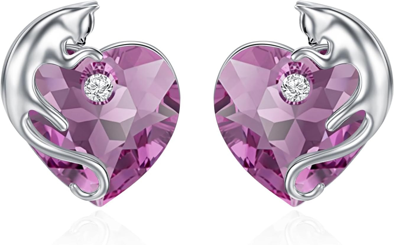 AOBOCO Cat Earrings 925 Sterling Silver Cute Studs Earrings with Birthstone Heart Crystal from Austria, Cat Jewelry Gifts for Cat Lovers