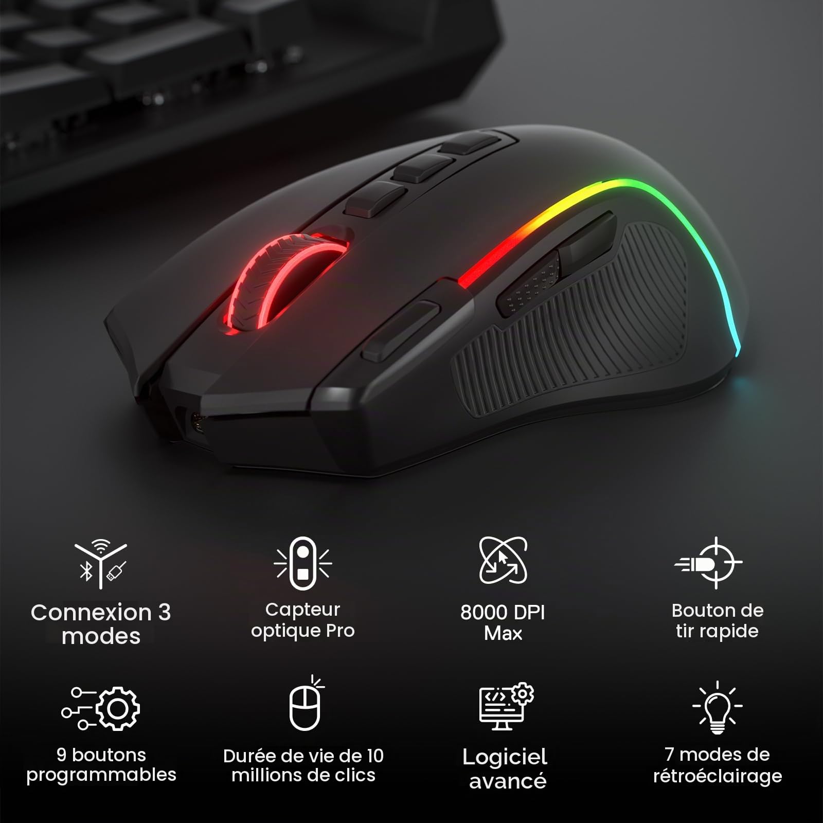 Redragon M612 Pro Souris sans Fil 8000 DPI 9 Boutons BT/2.4G