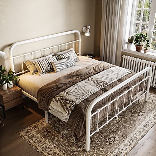 Allewie Queen Size Metal Platform Bed Frame With Victorian Style Wrought Iron-Art Headboard/Footboard, No Box Spring Required，White #TOP1