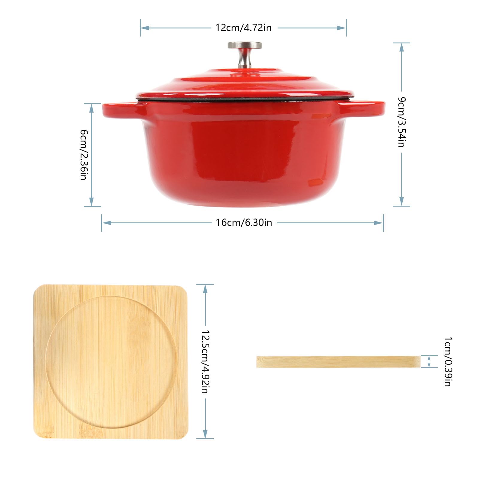 Enameled Cast Iron Mini Round Cocotte Set, 0.5QT Mini Dutch Ovens with Lids and Bamboo Trays, Dia.4.8 inch, Set of 2, Red