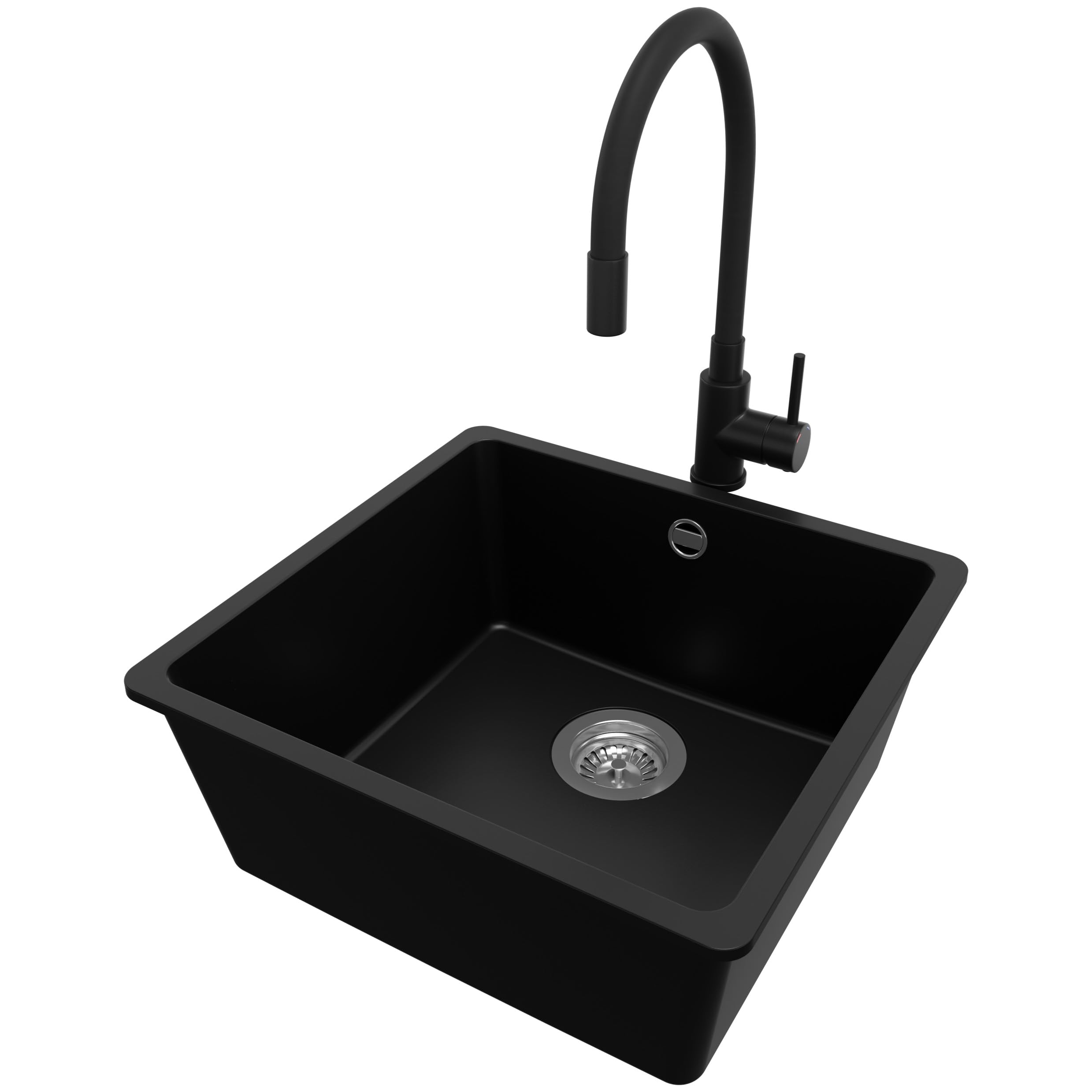 PRIMAGRAN Evier sous Plan Noir - Venise, 46x44cm | Evier en Granit 1 Bac + Robinet 38x14cm + Zuberhor-Set, Évier au Meuble 50cm (S053)