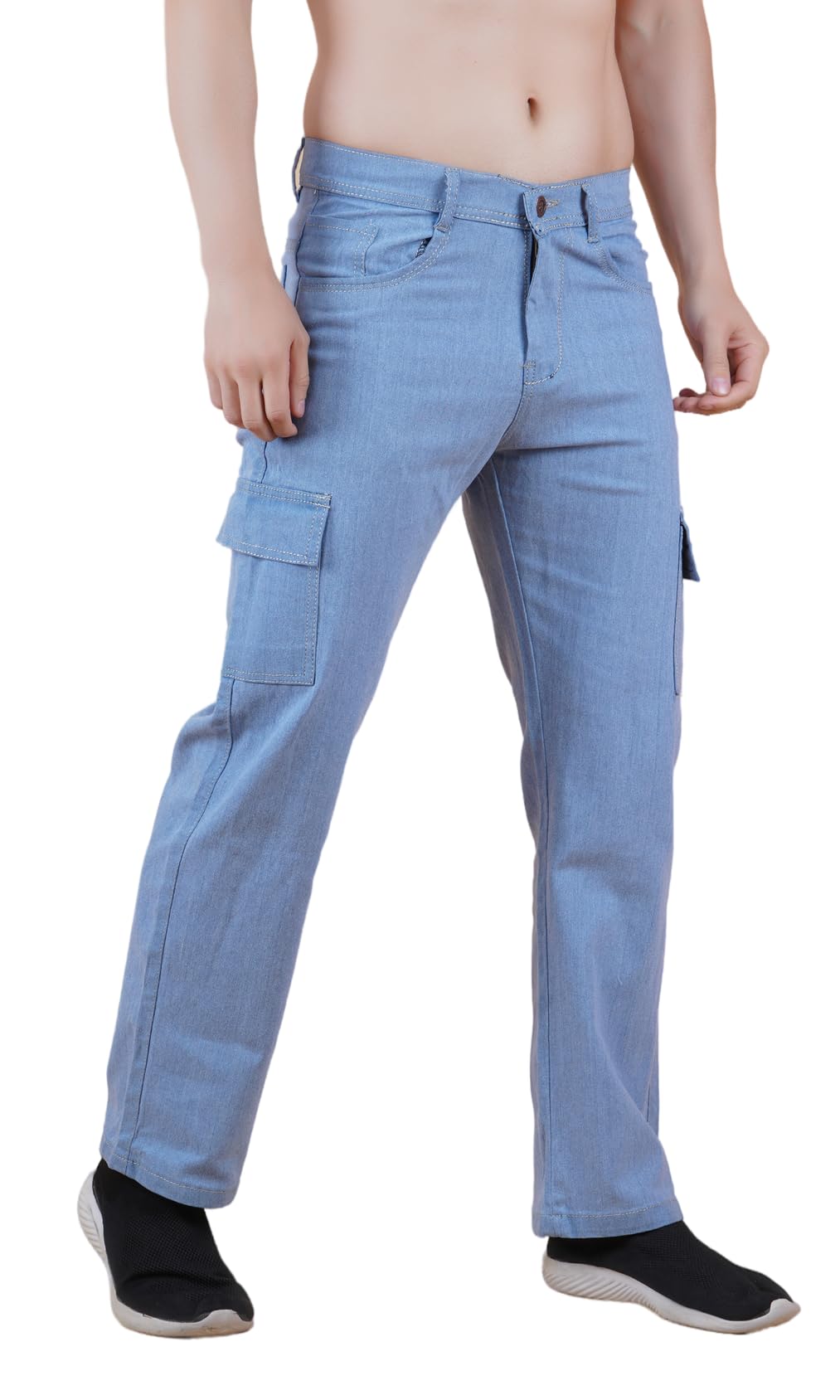 Men's Loose Fit Cargo Jeans, Sky Blue, Baggy Style with Side Pockets-image-9