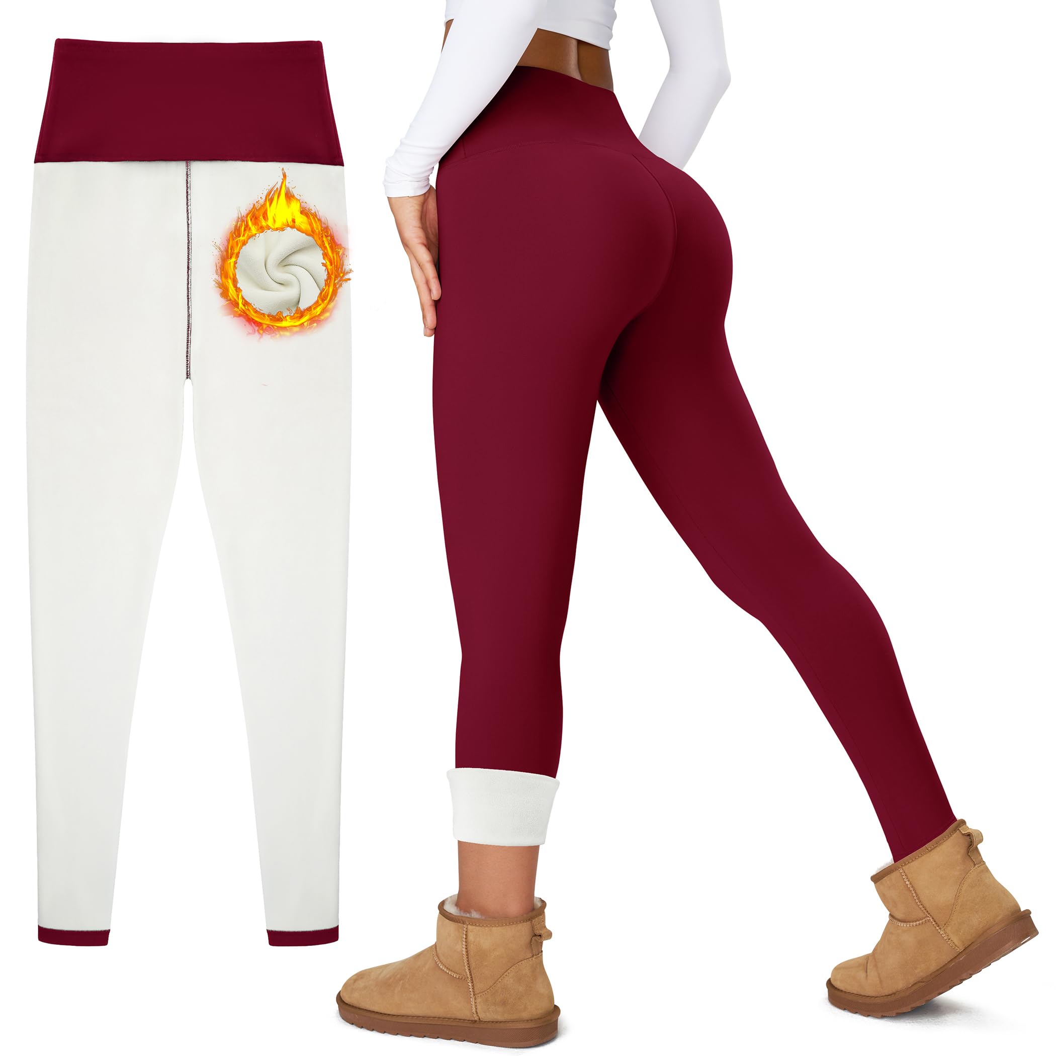 Women's Thick Fleece Lined Leggings High Waisted Tummy Control Thermal Warm Soft Yoga Pants for Cold Winter Burgundy