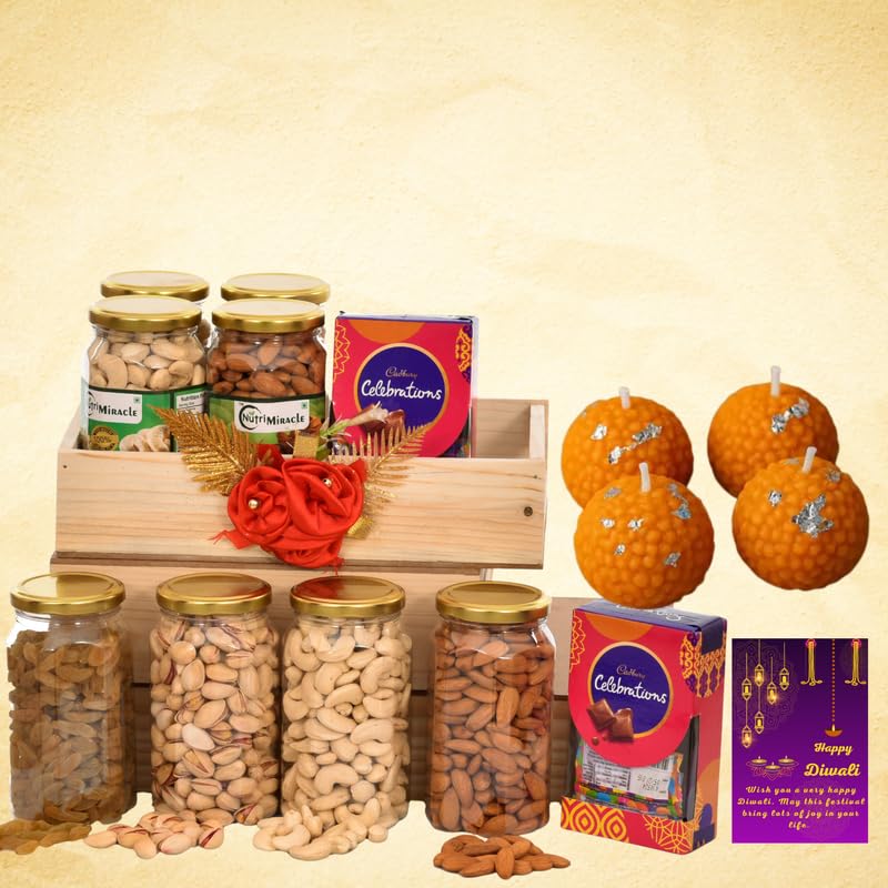 Image of NUTRI MIRACLE Diwali Dry Fruits Nuts Chocolates Gift Hamper Laddu Candles for Office Celebrations