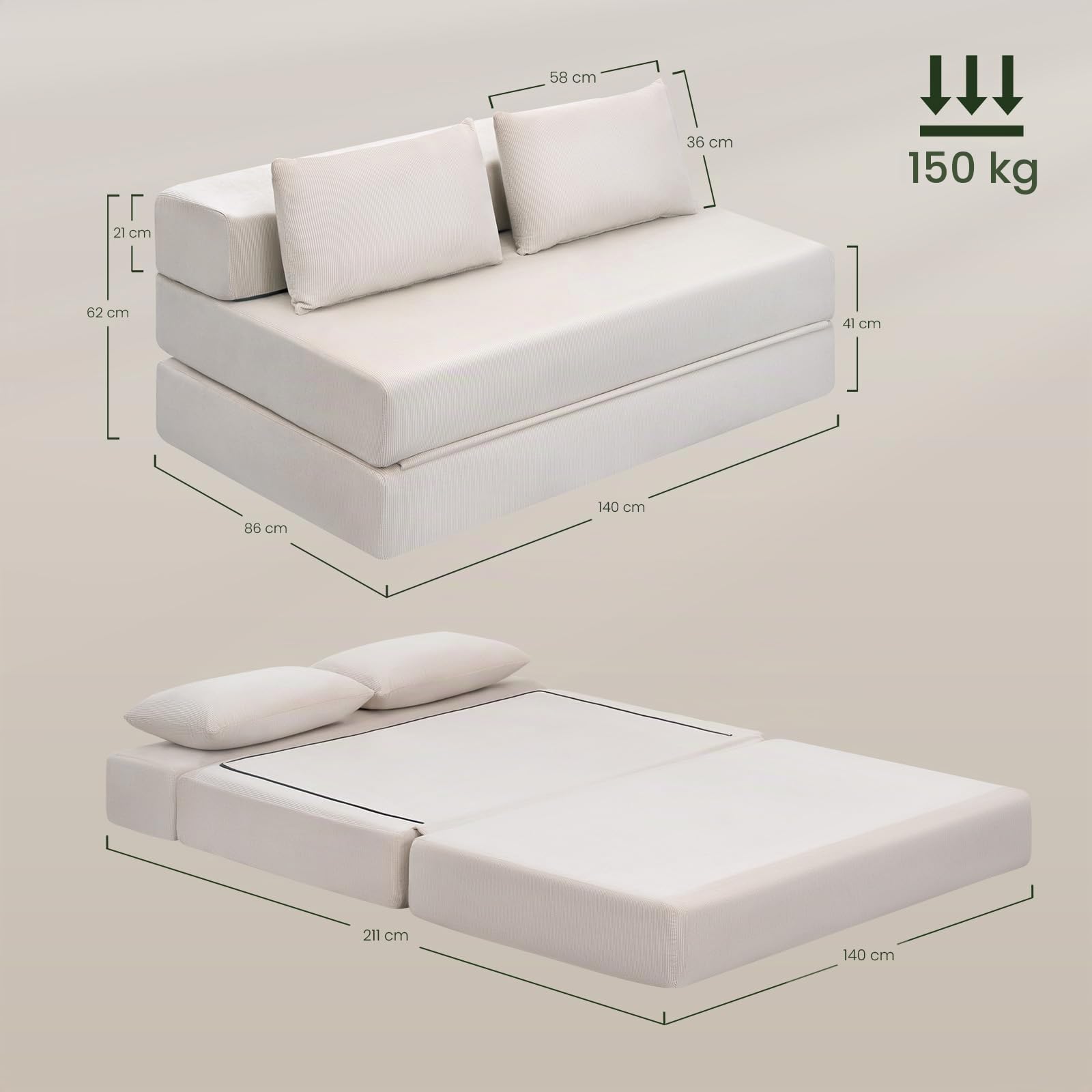 EUGAD Schlafsofa 2-Sitzer, Klappbares Bodensofa mit Kissen, Beige