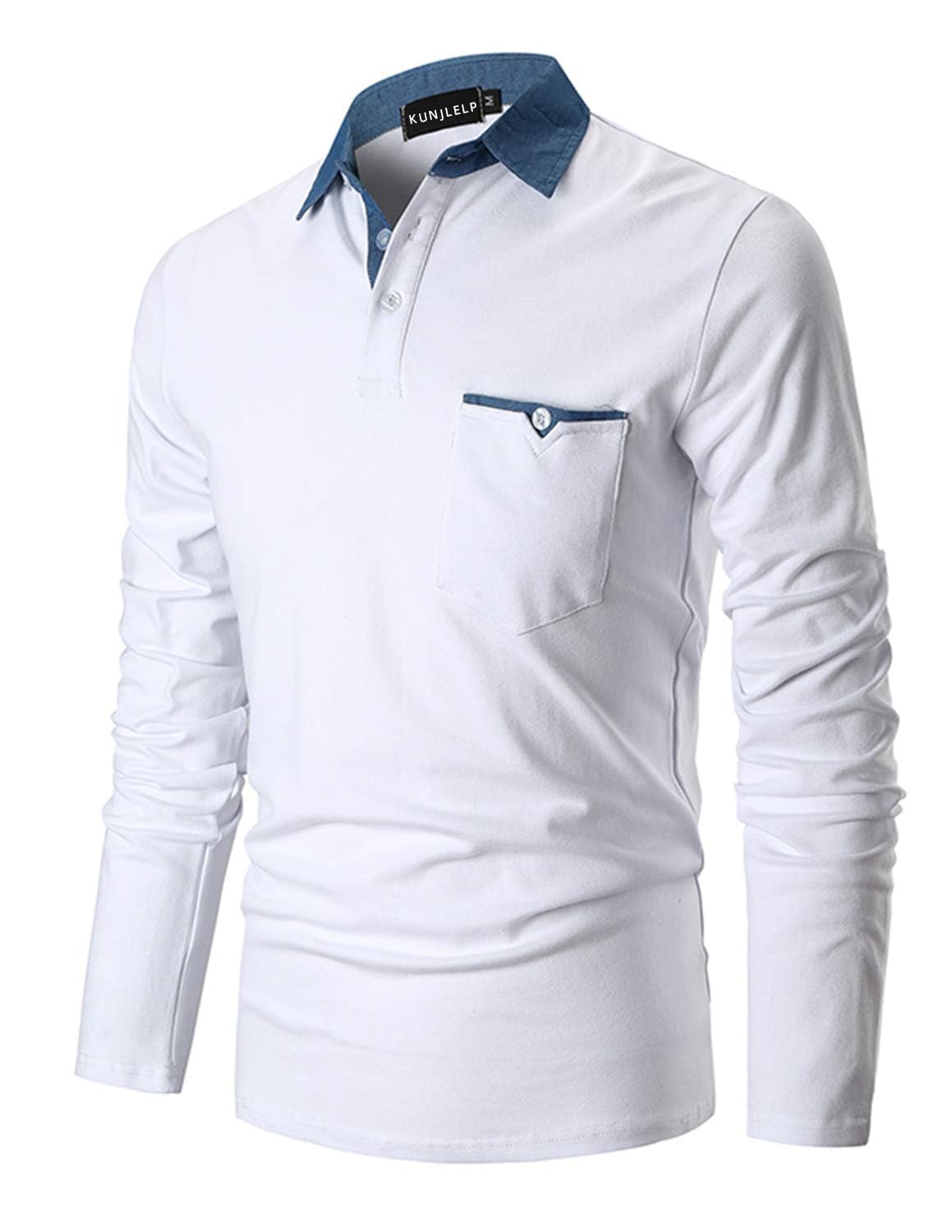 KUNJLELP Polo Camicia Uomo Manica Lunga Maglietta con Colletto in Denim Casuale Cotton Inverno Golf T-Shirt