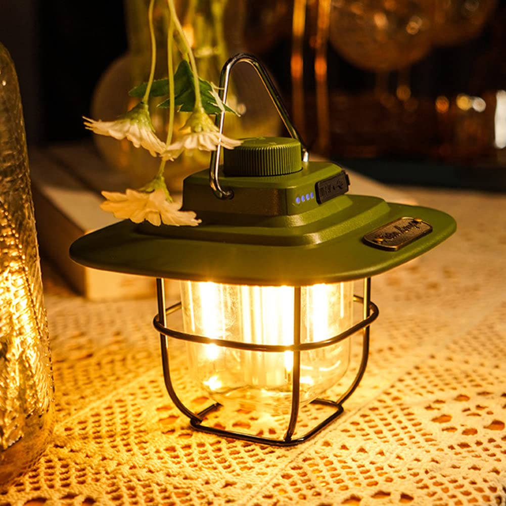 Rechargeable Camping LED Light Dimmable, Retro Lantern with Hook for Outdoor Hiking or Indoor Power Outages (Green)