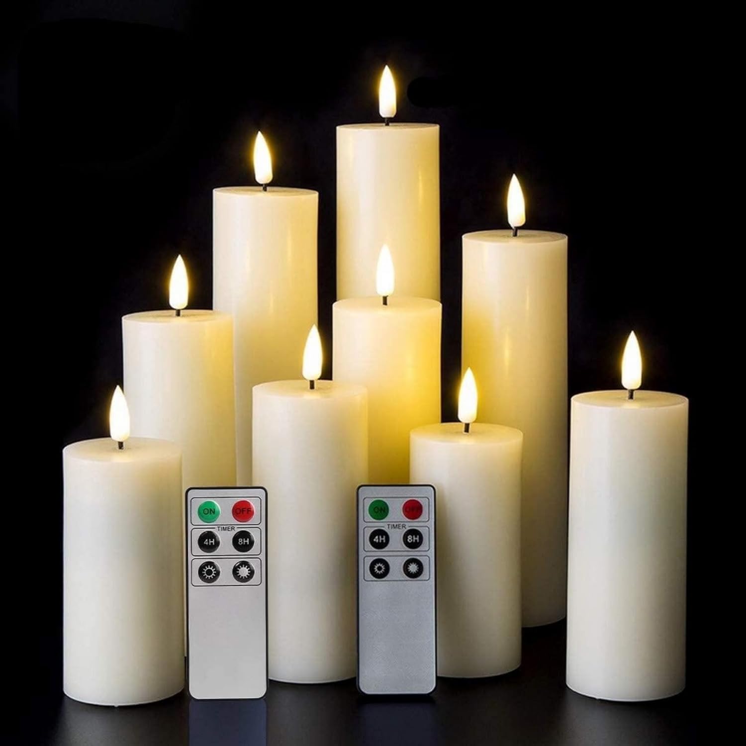 Eywamage Realistic Ivory Slim Flameless Pillar Candes with Remote, Real Wax Flickering Tall LED Battery Fireplace Candles Set of 9 Ivory - 9 Pack