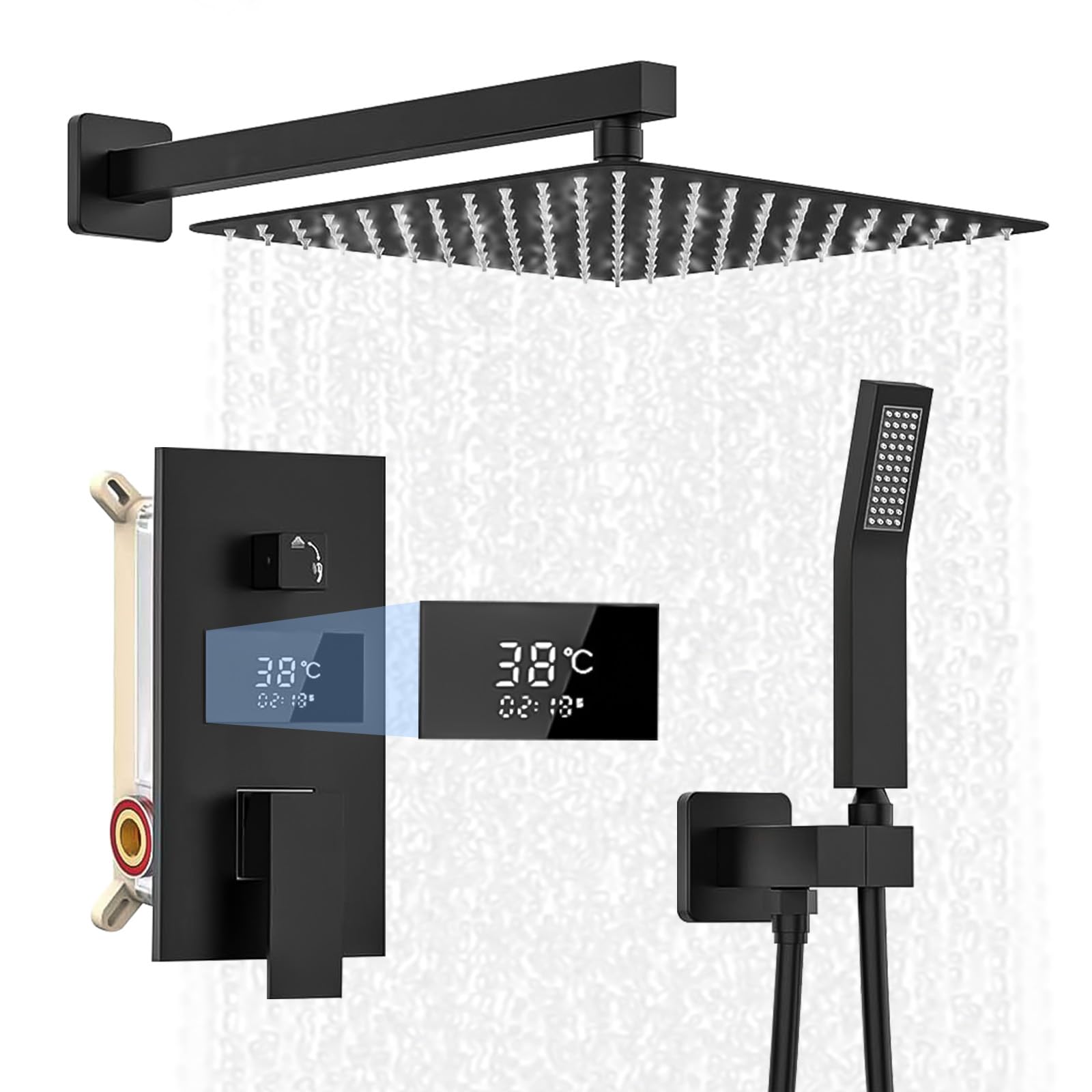 Unterputz Duscharmatur Set, Edelstahl Duschsystem Schwarz Unterputz | mit Temperatur LCD Display inkl. 30X30cm Kopfbrause,200mm Handbrause,Messingkörper,Regendusche Schwarz,1.5m Brauseschlauch