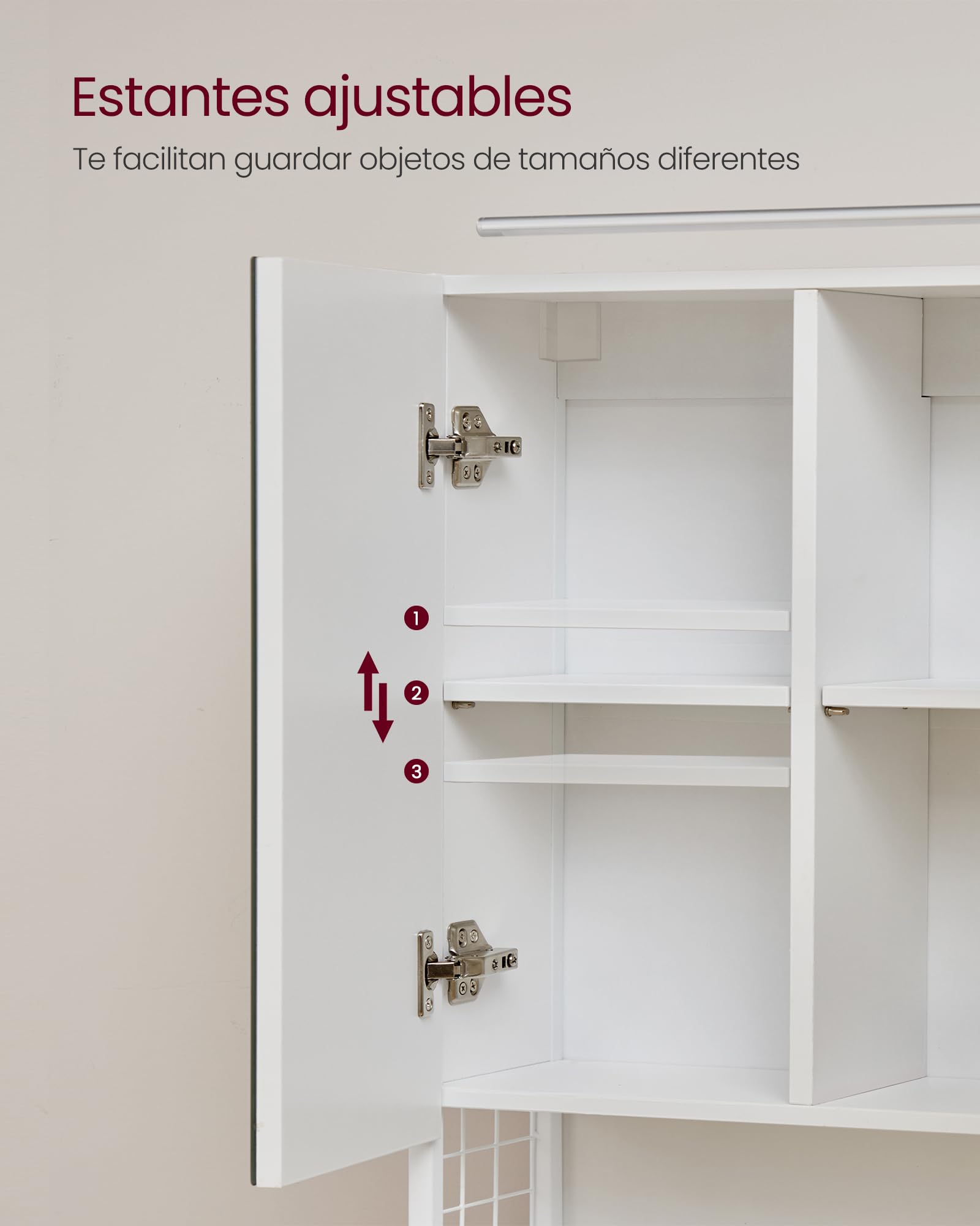 VASAGLE Armario de Baño con Iluminación LED, 14,5 x 70 x 70 cm, Espejo 3 Puertas, Mueble de Pared con Espejo, Enchufe, Cesta, Soporte para Secador, Blanco Nube BBK124W14