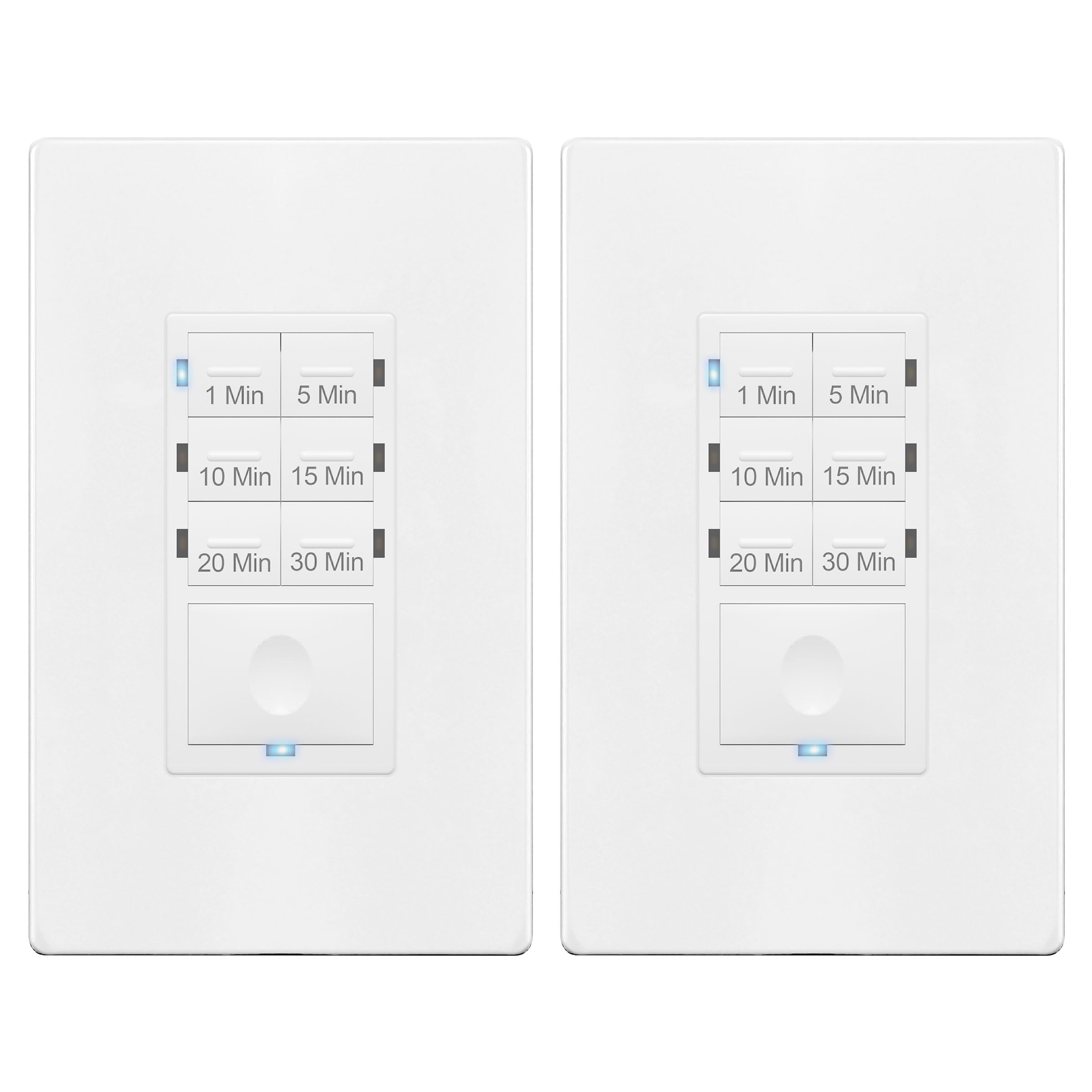 ENERLITES Countdown Timer Switch for bathroom fans and household lights, 1-5-10-15-20-30 Min Settings with Manual Override, Always On Blue LED, Neutral Wire Required, UL Listed, HET06A, White, 2 Pack