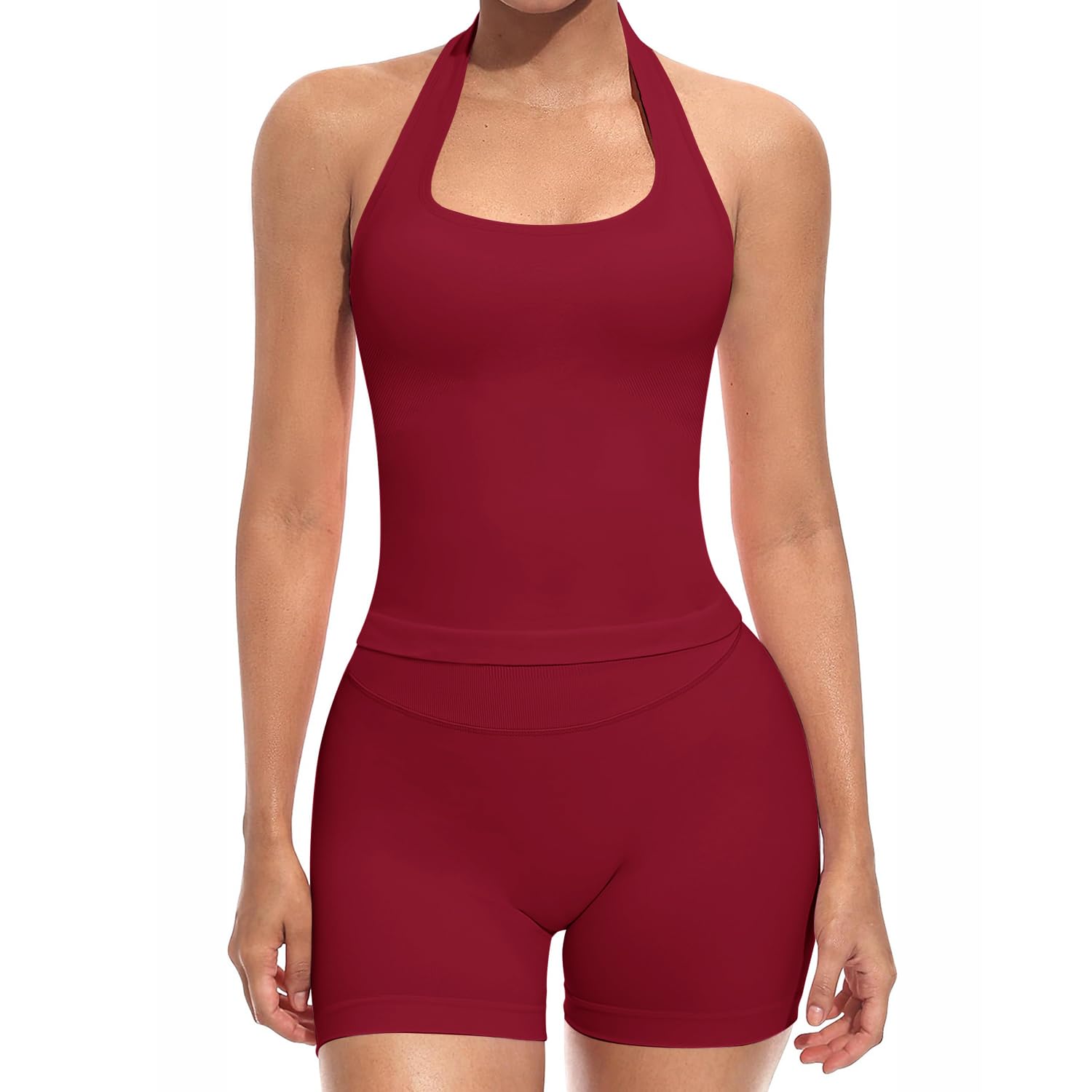 JN JANPRINT 2-teiliges Fitness-Set für Damen, langes Neckholder-Tank-Top, rückenfrei, U-Ausschnitt und versteckte Scrunch-Shorts, Yoga-Outfits, Workout-Trainingsanzug