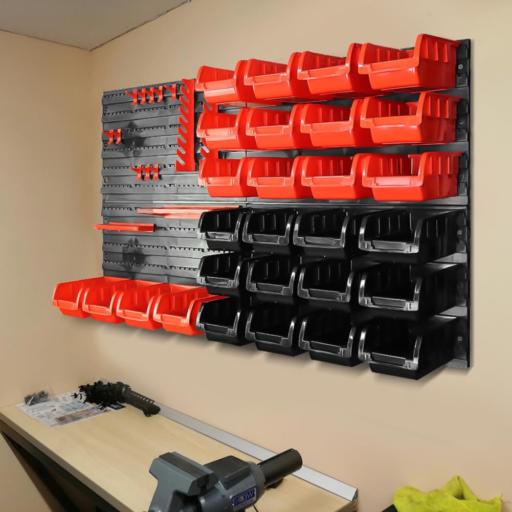 Tools regał ścienny, montowany na ścianie, regał narzędziowy, 28 pudełek do układania w stos, system przechowywania, wielofunkcyjny, bardzo mocna płyta ścienna do warsztatu, garażu