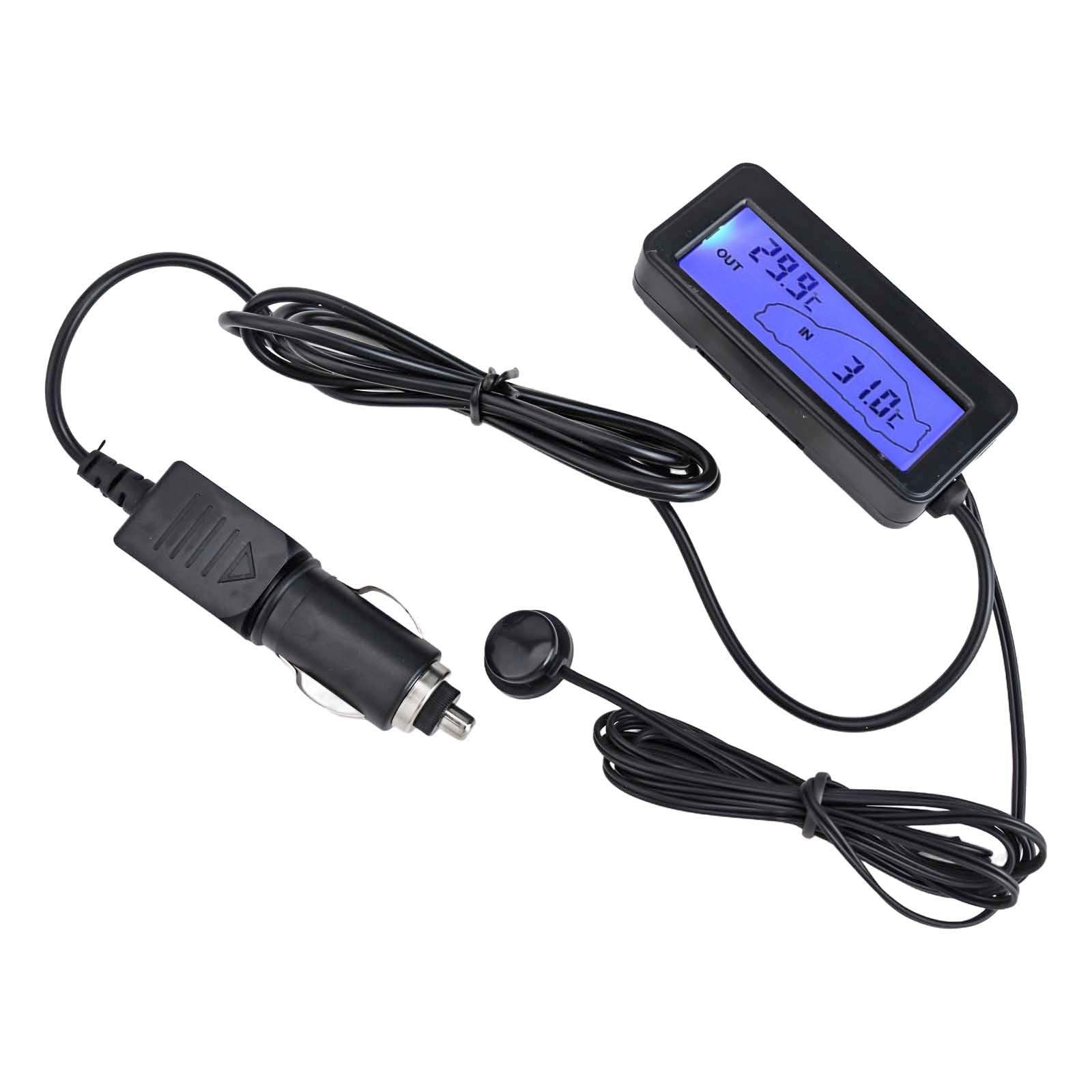 Termómetro digital LCD para coche de 12 V con pantalla retroiluminada azul, monitoreo de temperatura interior/exterior, medidor de plástico con cable sensor de 1,5 m, color negro