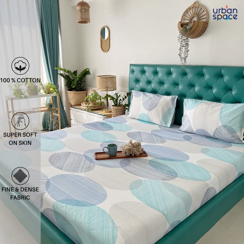 Urban Space Serene 100% Cotton 200 TC Bedsheet for Double Bed, Bedsheet King Size Bed Cotton, Double Bedsheet Cotton with 2 Pillow Covers (Size 108 x 108 inches, Oval Blue)