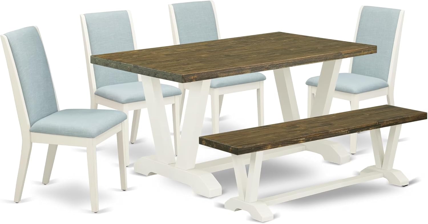 East West Furniture V076LA015-6 6 Piece Dining Room Set Contains a Rectangle Dining Table with V-Legs and 4 Baby Blue Linen Fabric Parson Chairs with a Bench, 36x60 Inch, Multi-Color