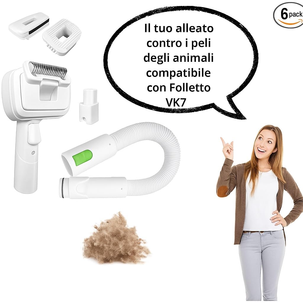 Kit Tubo con Spazzola PetPro per Folletto VK7 – Con 3 Testine, Adattatore e Tubo Estensibile – Ideale per Rimuovere Peli di Animali
