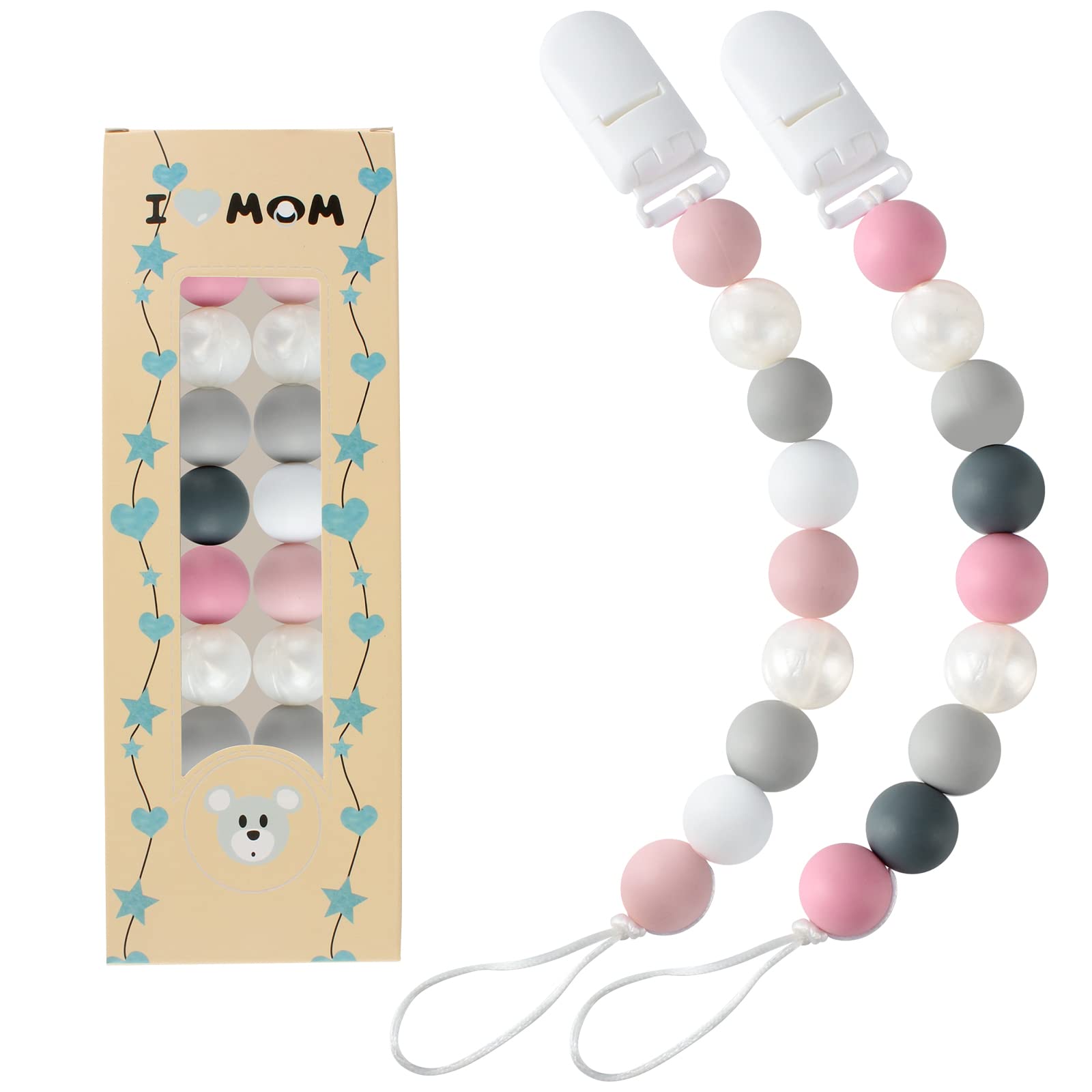 QOPAHI Mam Dummy Clip, 2 Pack Dummy Clips Baby Dummies Chain Food-Grade Silicone Holder Set Soother Chains, Pacifier Clips for Boys Girls Baby Unisex Newborn Dummies(Pink)